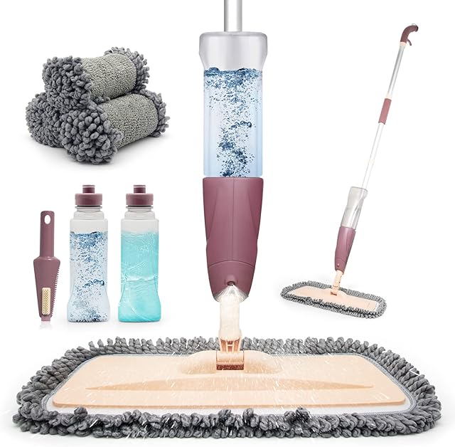 ELOUYCKE Spray Floor Mops for Hard Floors with 2*600Ml Refillable Bottle, 3 Reusable Microfiber Pads, Spray Mops for Floors 360 Degree Spin Mops for Cleaning Suitable for Hardwood, Marble, Tile