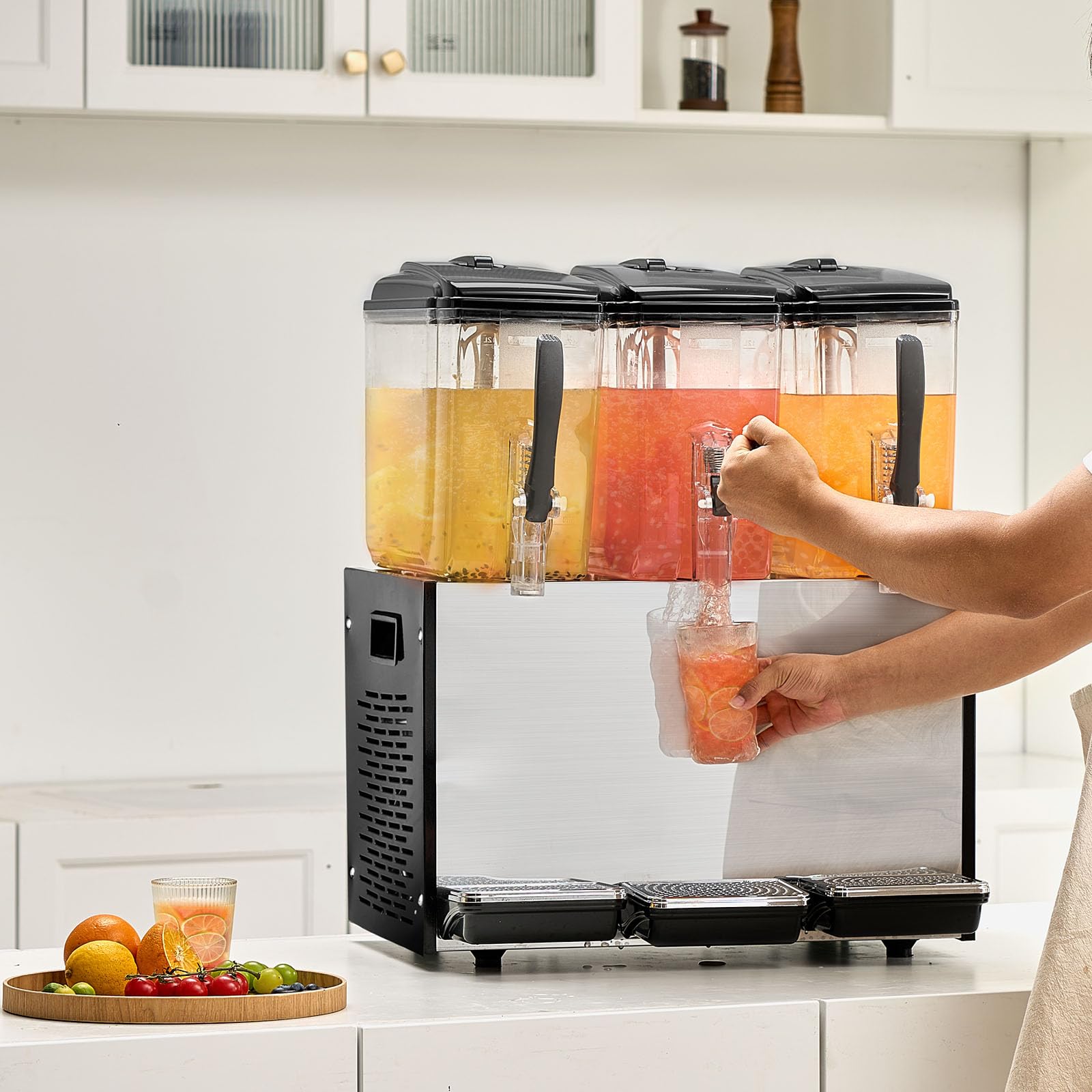 VEVOR Commercial Beverage Dispenser, 3 Tanks 12 L / 12.7 QT Per Tank Juice Dispenser, 370W Stainless Steel Ice Tea Drink Machine with 45°F-54°F Cooling Temperature, for Cold Drink Restaurant Bar Party