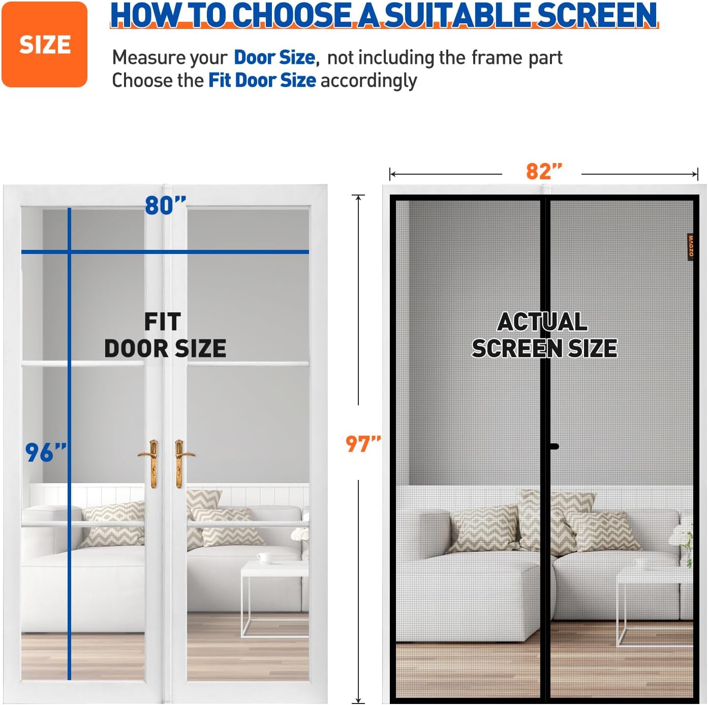 MAGZO Magnetic Screen Door Fit Door Size 80 x 96 Inch, Screen Size 82" x 97" Strong Magnet French Style Mesh, Heavy Duty Fiberglass Mesh with Hook & Loop for Sliding Entrance, Gray Fit Door Size 80 x 96 Inch Gray