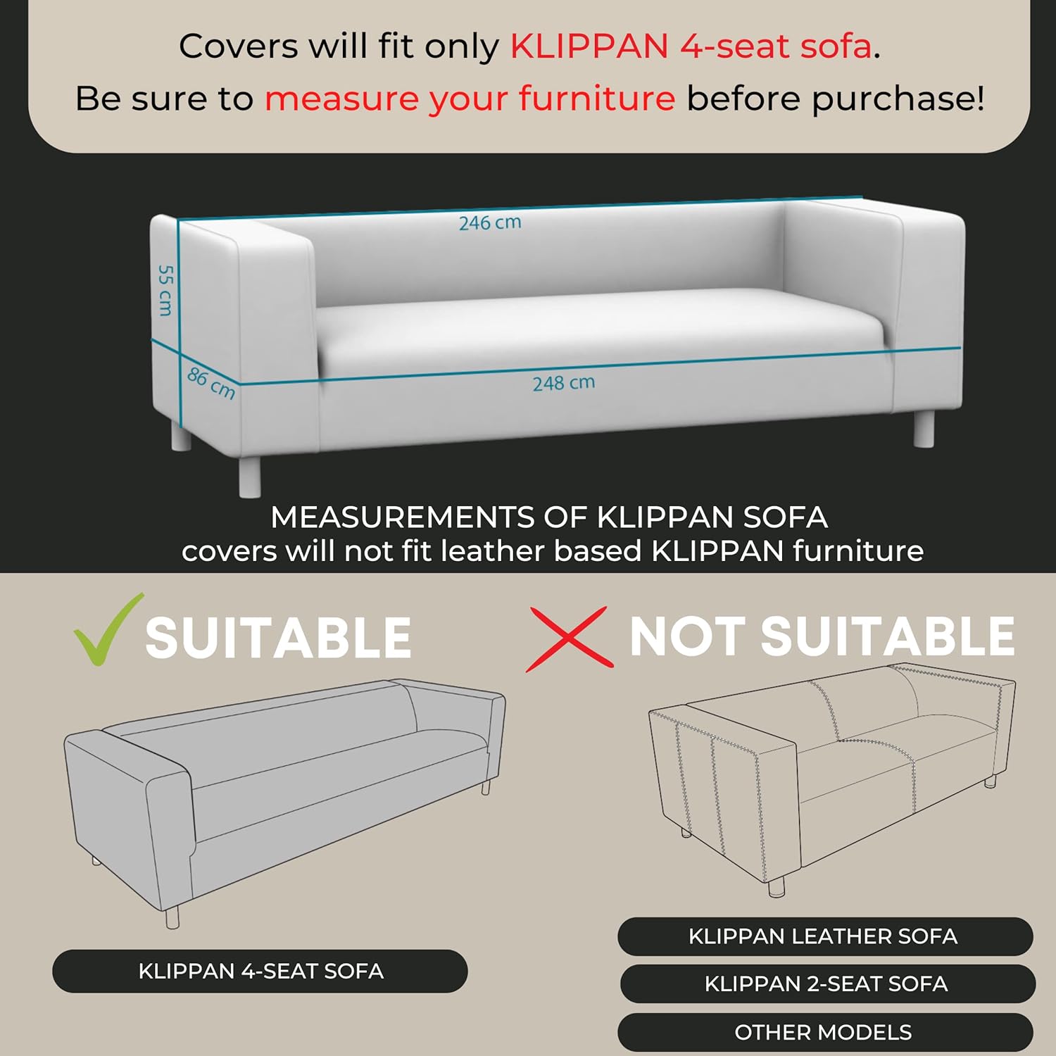 comfortly | Cover for Klippan 4 Seat Sofa, Replacement Slipcover, Heavy Duty 1 pcs Cover, Pets and Stain Proof Durable Nano-Tech Fabric, Easy to Clean & Replace (Cashmere Blends - Beige)