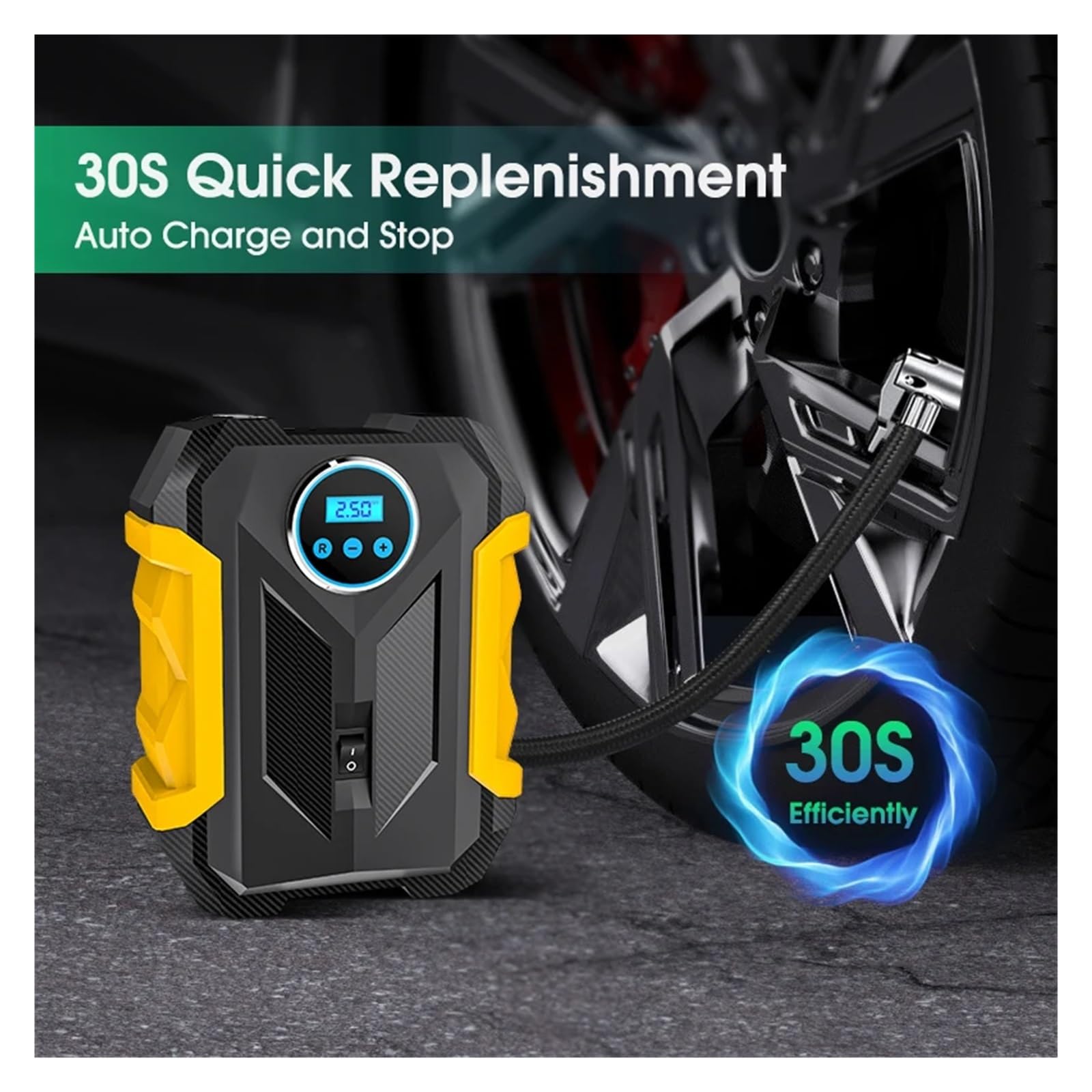 Przenośna Samochodowa Sprężarka Powietrza Cyfrowa Pompka Do Pompowania Opon Lampa LED Pompa Kompresyjna Kompresor Motocykli Samochodowych Natychmiastowa Inflacja(Yellow)
