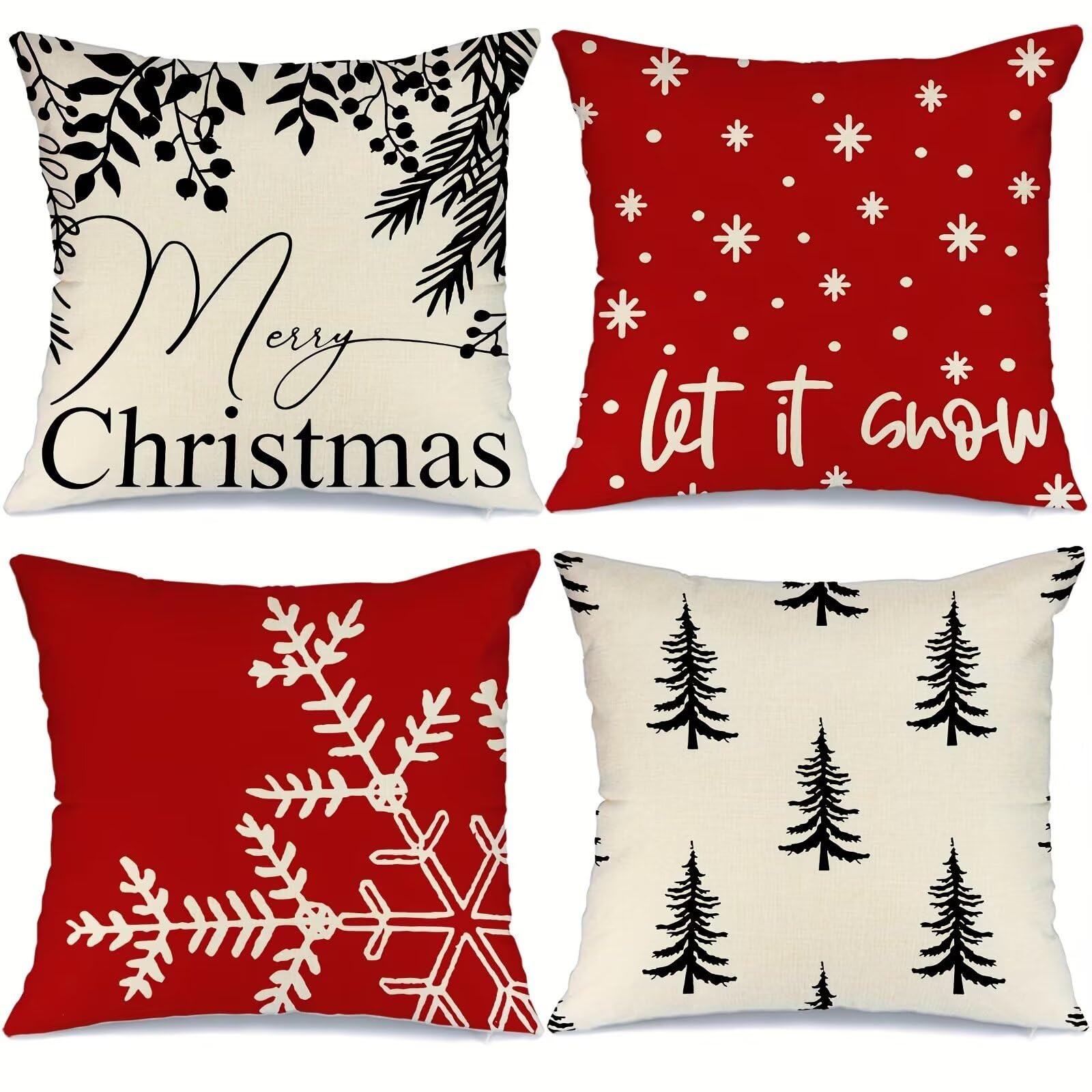 4 Pezzi Natalizi Cuscini per Divano, Natale Federe Cuscino Divano 60x60 CM Fiocco di neve rosso di Natale, Natale Lino Copricuscini, Decorazione Natalizia per la Casa Soggiorno Natalizie Decorativi
