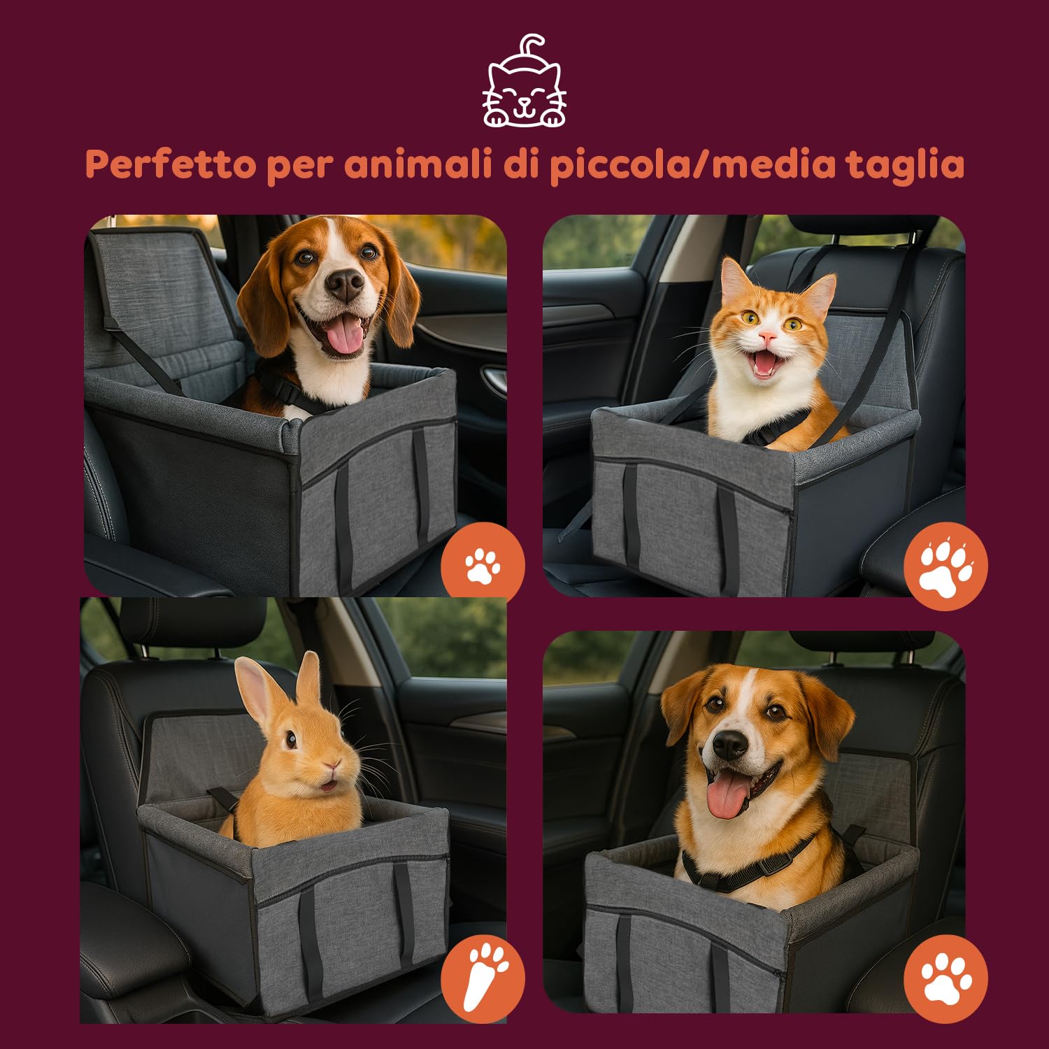 Wintem Transport pour Chien de Voiture pour Petite Taille (jusqu'à 5 kg) – Siège Auto pour Chien 28 x 39 x 39 cm avec Laisse de sécurité intérieure – Tissu Oxford imperméable et Respirant – Facile à