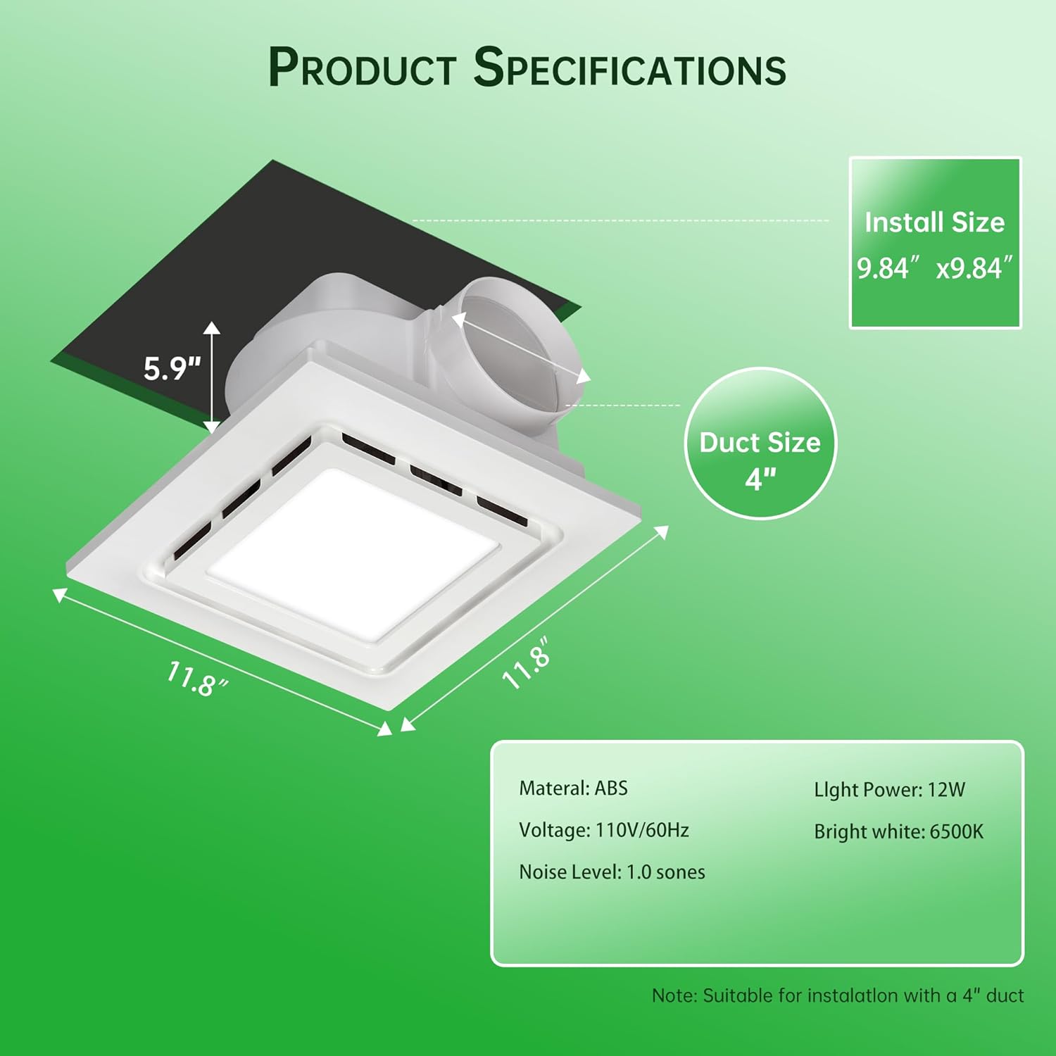 12" Exhaust Fan with Light,144 CFM Silent Exhaust Fan with 6500K 12W LED Light,Bathroom Ventilation Fan with Lights for Bathroom, Office, Hotel