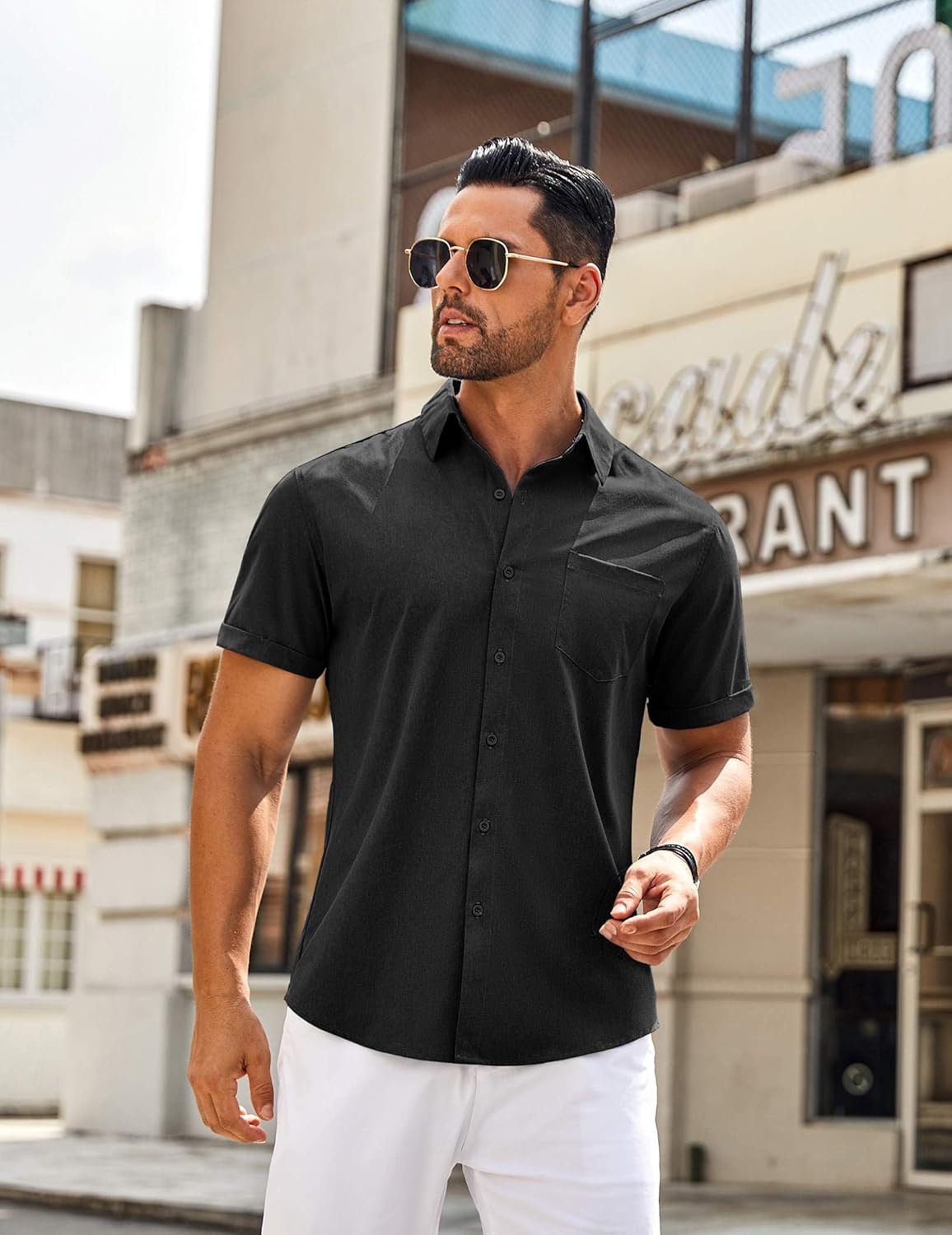 COOFANDY Mens Linen Shirt Short Sleeve Button Down Casual Plaid Summer Beach Black - Image 3