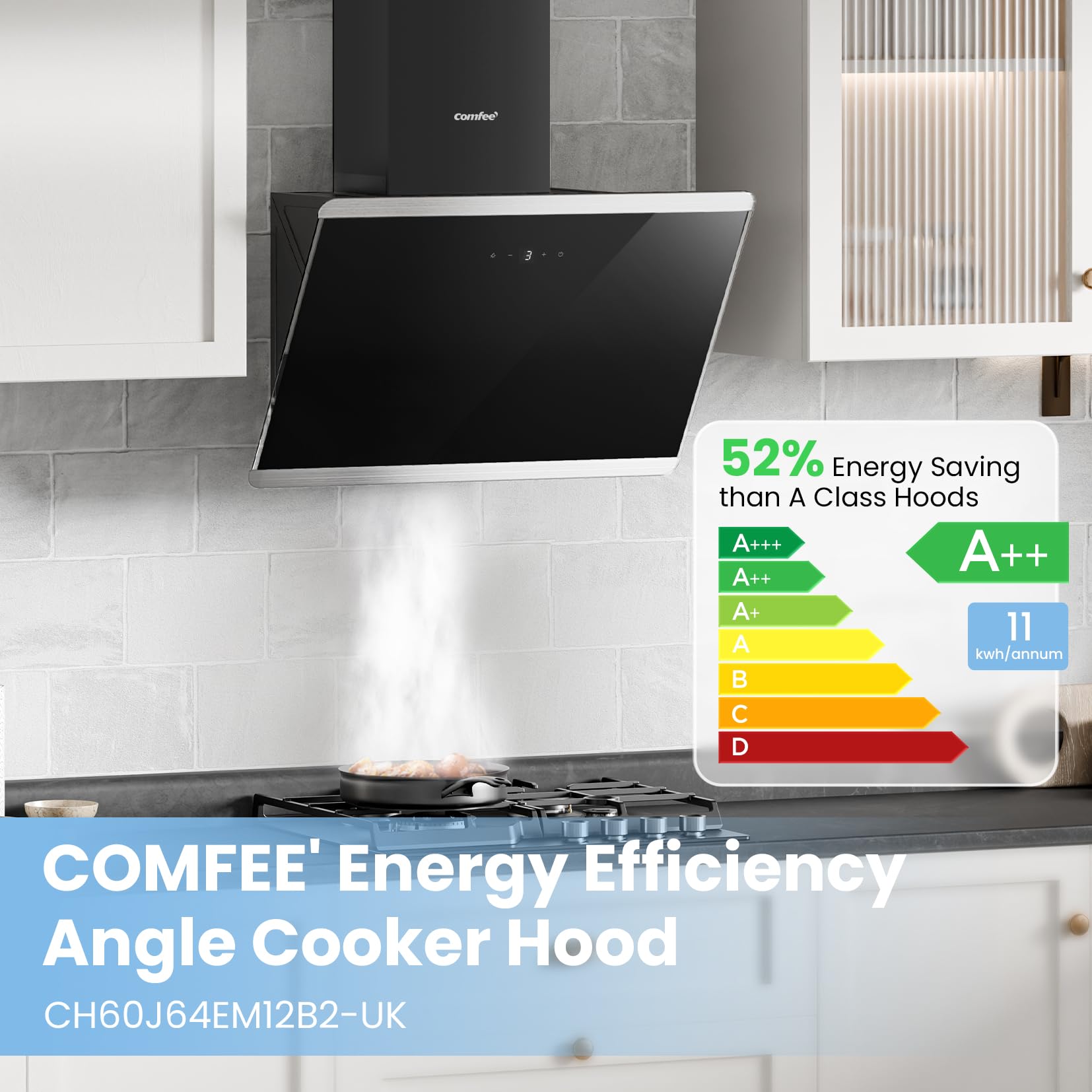COMFEE' 60cm Angled Cooker Hood Class A++ Tempered Glass Extractor Hood with Touch Screen, LED and Recirculating & Ducting System Wall Mounted Extractor Fan kitchen, Black [Energy Class A++] — view 2