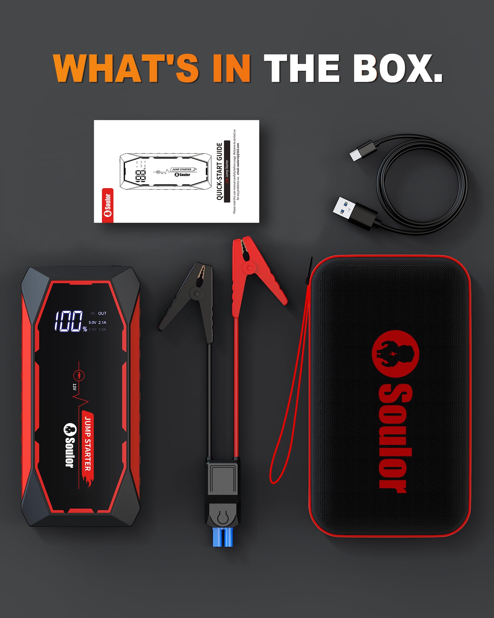 Avviatore di emergenza per batteria auto, 5000 A, portatile, per motori fino a 8 l a gas e diesel da 6 l, caricabatterie da auto da 12 V, con cavi di avviamento e luce LED