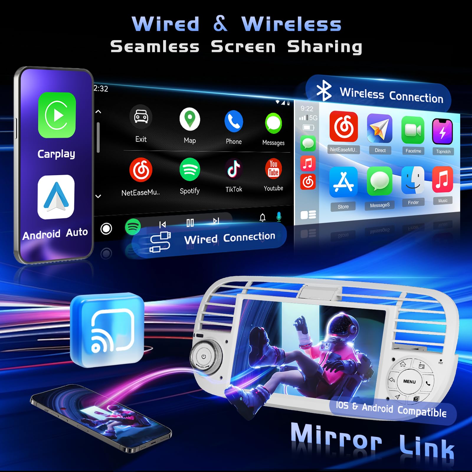 Hikity 4+128G Autoradio Android per Fiat 500 2007-2015 Wireless Carplay 7''IPS Schermo per Auto Android Auto WiFi Touchscreen Bluetooth5.0 GPS SWC Retrocamera | IPS Touchscreen GPS Navi Bluetooth 5.0 WiFi FM/RDS Retrocamera EQ Comandi al Volante 4+128G