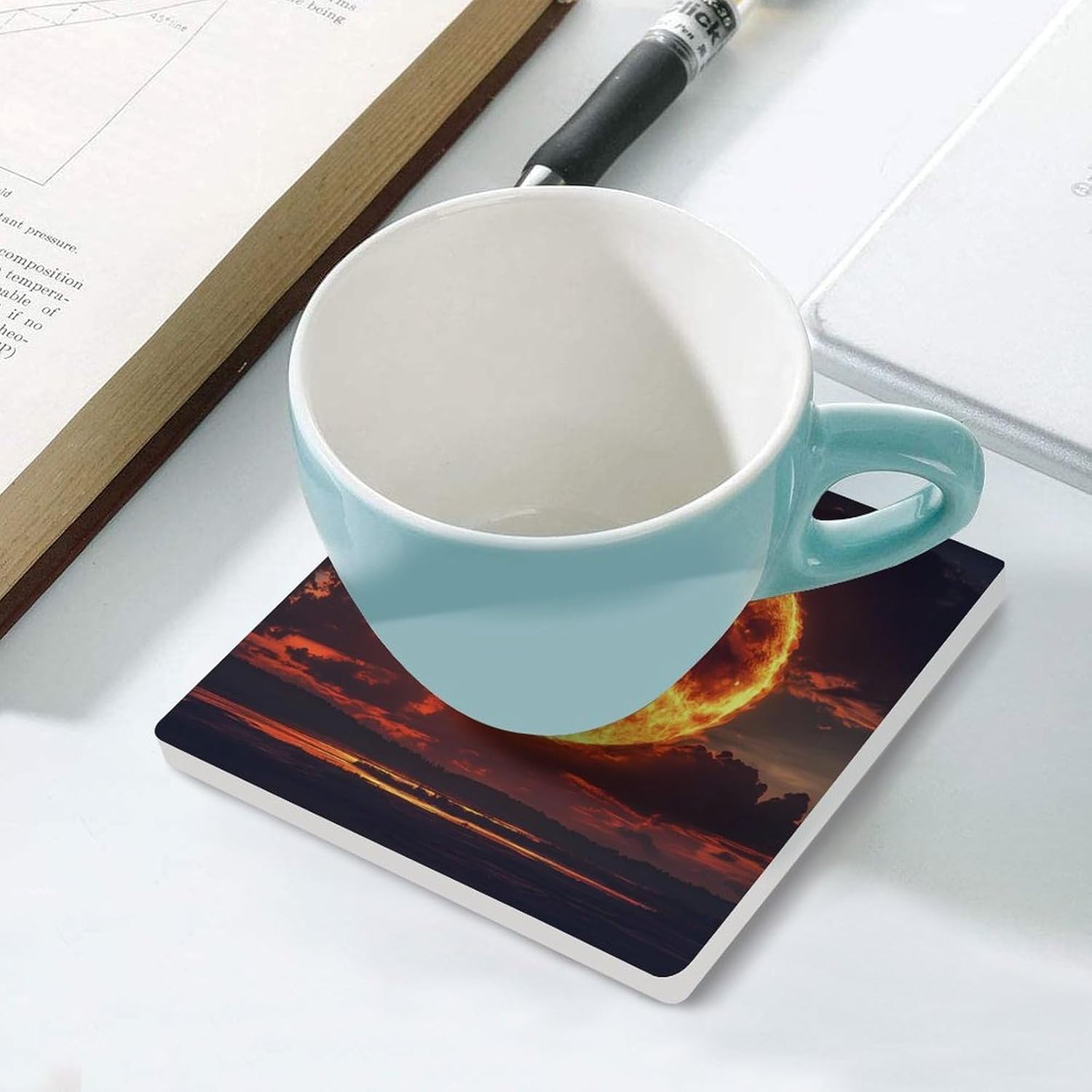 Sun Fire Coasters for Drinks Square Table Coasters Set Cup Mats with Cork Base