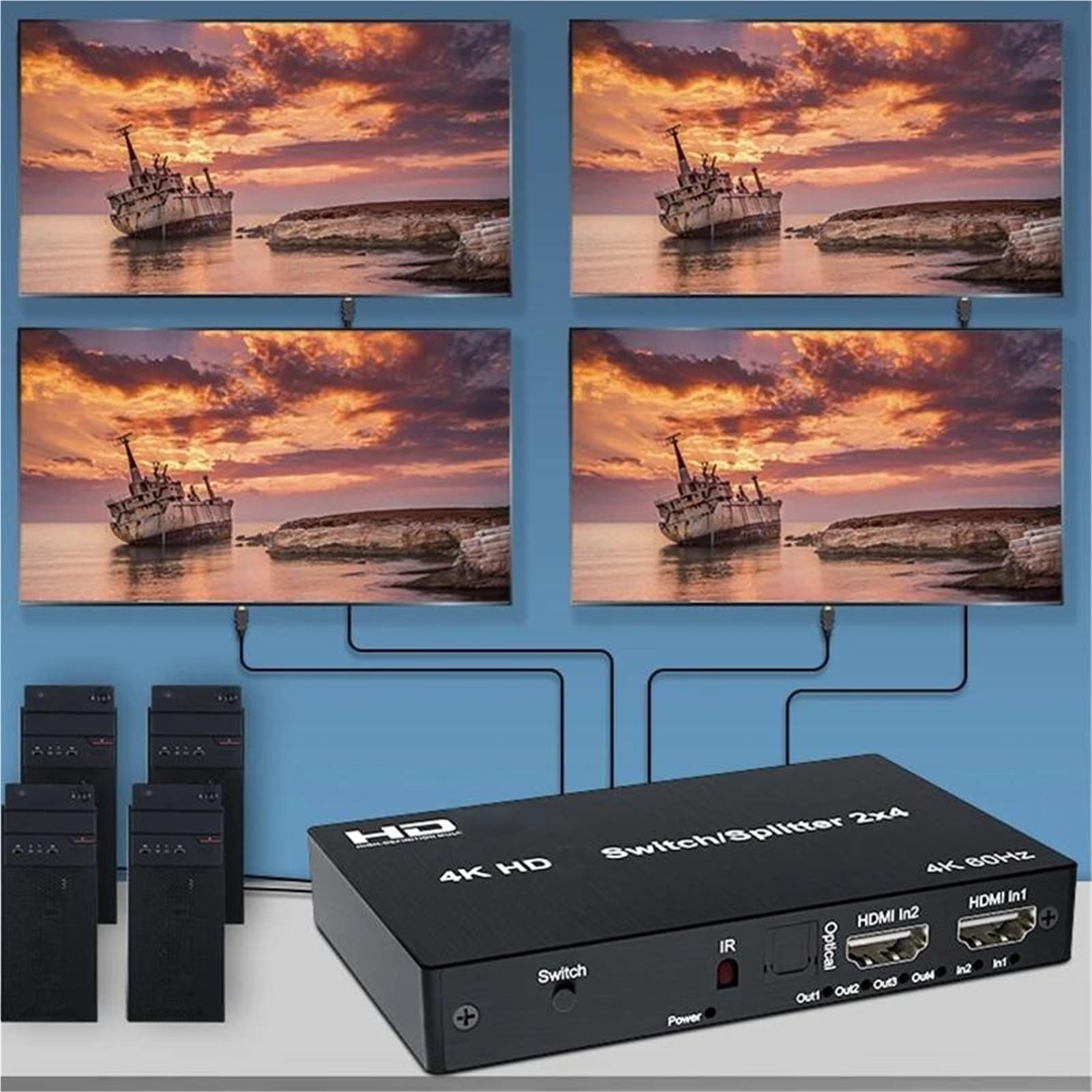 Switcher Splitter di Estensione 5M/30M Compatibile HDMI 4K@60Hz 2x4 con 2 ingressi e 4 uscite e estrattore for Monitor a 4 schermi Uso Domestico