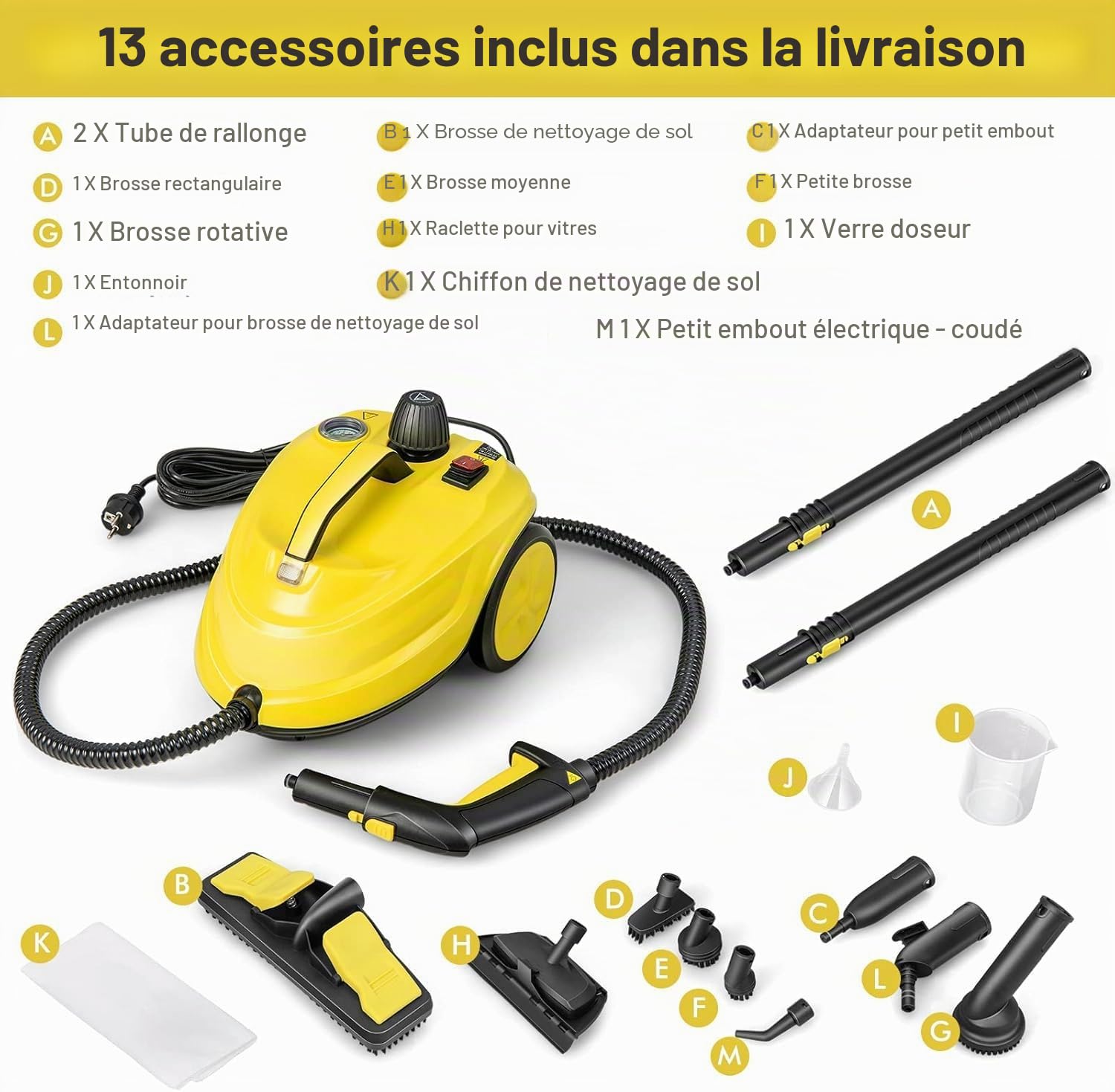 FANTASK Nettoyeur vapeur 2000 W avec 13 accessoires - Pression vapeur : max 5 bars - Température : jusqu'à 160 °C - Puissance de surface : 108 m² - Réservoir : 1,8 l