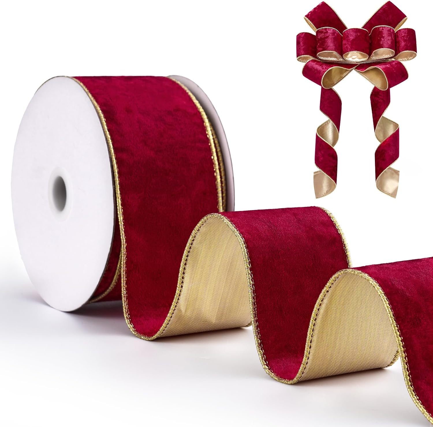 Wired Velvet Ribbon 2-1/2 inch, Red Metallic Velvet Wire Ribbon for Wreath, Christmas Tree, Gift Wrapping, Large Bows, Garland, Festival Decor - Continuous 10 Yards/Roll
