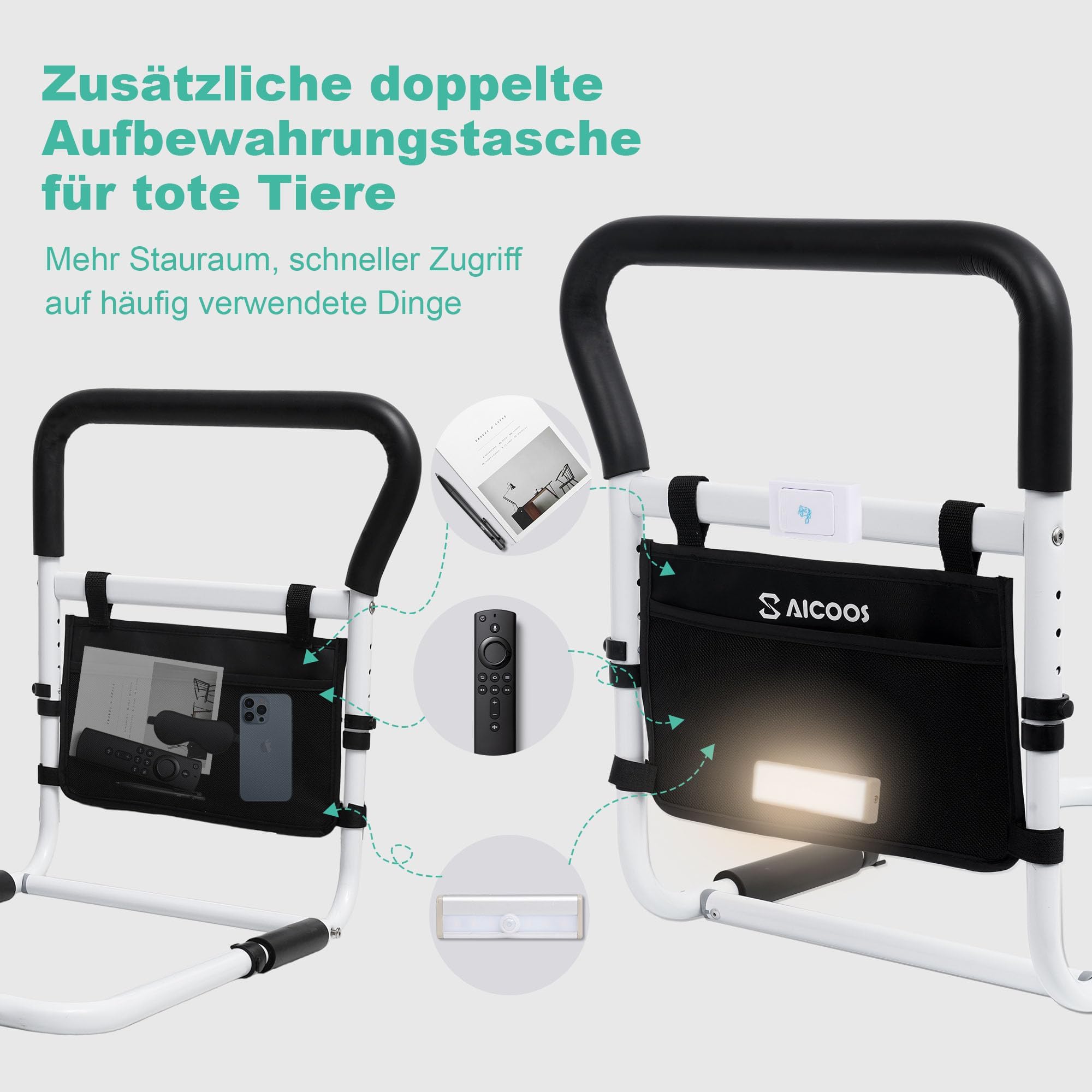 Letto di grandi dimensioni per anziani, con manico per alzarsi, ringhiera del letto per anziani, regolabile in altezza, con accessori per la prevenzione delle cadute di notte e di emergenza (misura XL
