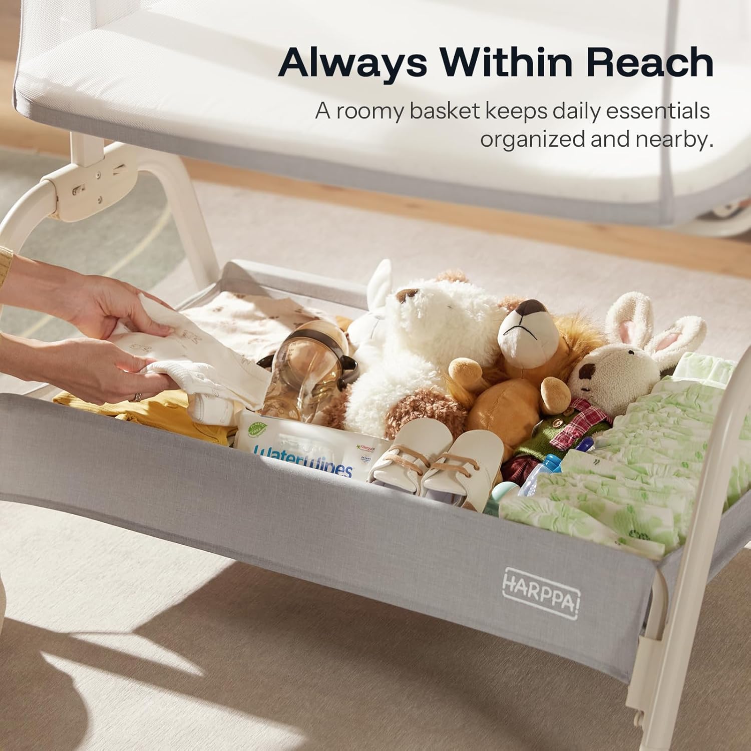 HARPPA Cuddly Bassinet, 2 in 1 Baby Bassinet with Breathable Mesh and Mattress, 6 Height Adjustable, Bedside Sleeper with Anchor Strap, Storage Basket and Wheels, Light Grey