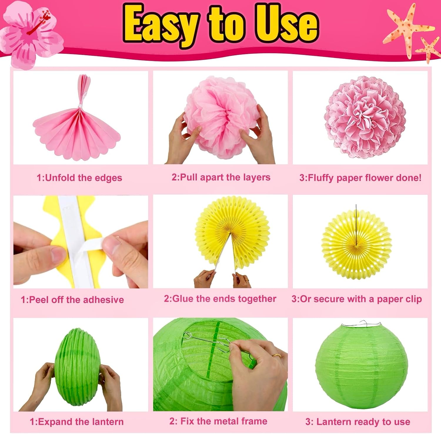 SANBUAI 13PCS Hawaiian Luau Party Decorations, Summer Pool Party Decorations, Pink Flamingo & Pineapple Honeycomb Paper Flowers, Hanging Lanterns and Fans Set for Tropical Beach Birthday