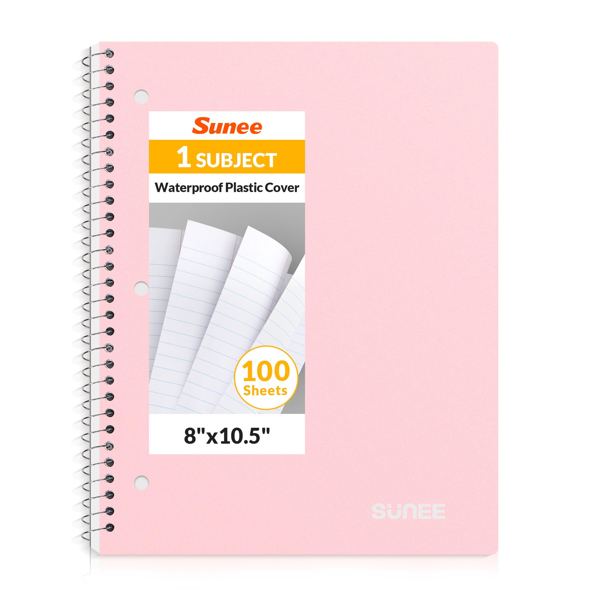 SUNEE Spiral Notebook 1-Subject Wide Ruled Paper 8 x 10-1 2 100 Sheets per Notebook 3-Hole Punched Paper