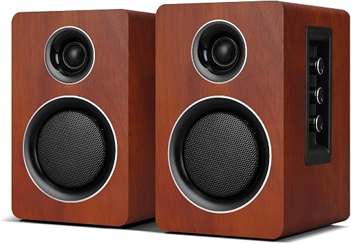 Active Bookshelf Speakers, 60W Computer Speaker with 3 Inch Carbon Fiber Woofer, External TV Speakers With Bluetooth 5.3, USB-C, AUX/RCA Input for PC/Turntable - Brown Stereo Set