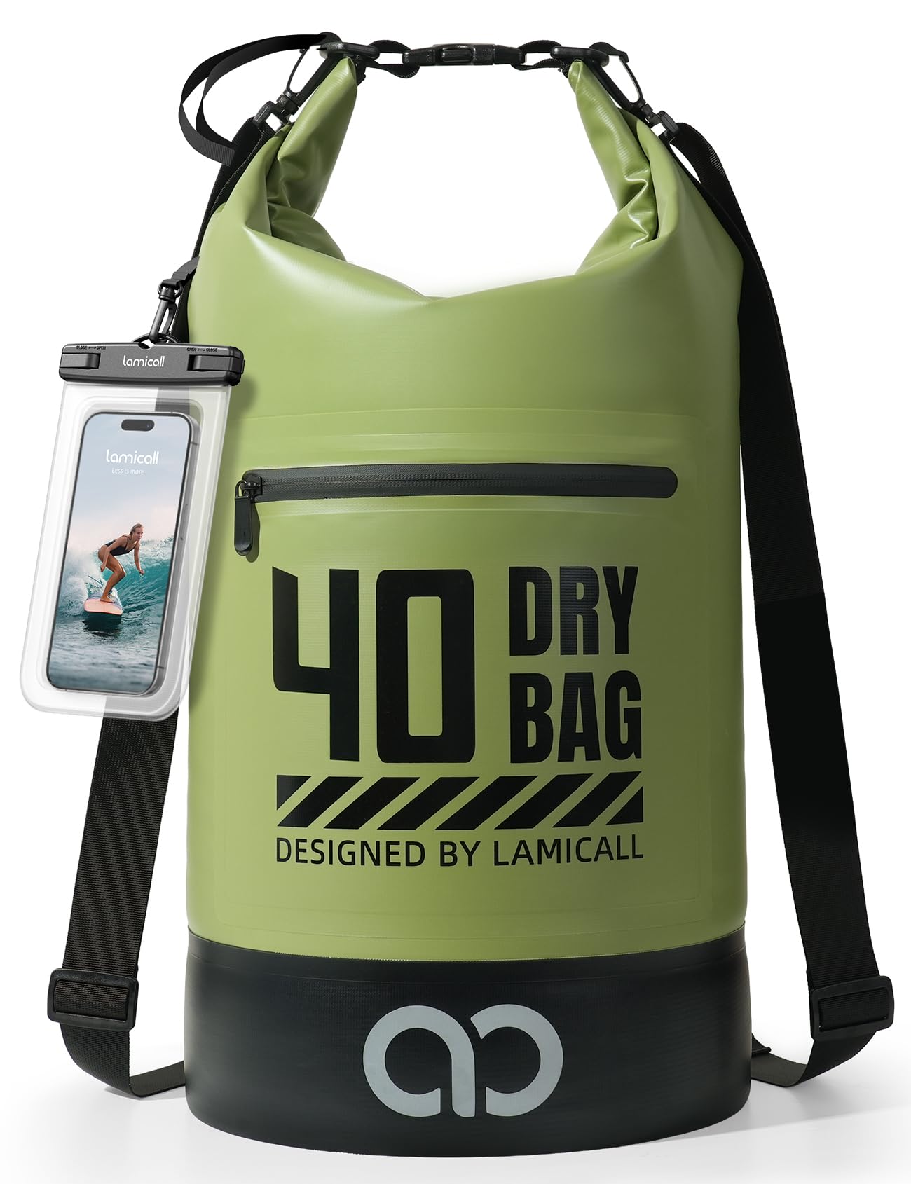Lamicall Dry Bag, Waterproof Bag - [Robust & Anti-Scratch] 5L/10L/20L/30L/40L Waterproof Backpack with 100% Water Proof Phone Pouch, Floatable Drybag for Boat Swimming Kayaking Camping - Green(40L)