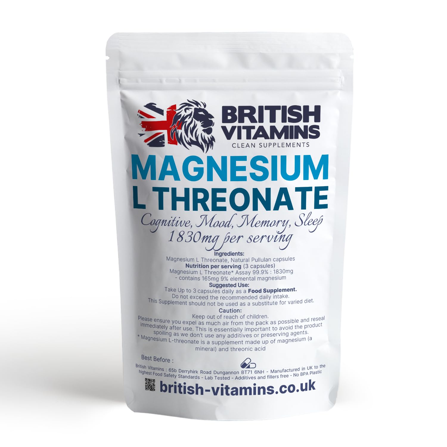 Magnesium L Threonate 1830mg Serving/Elemental Magnesium 165mg Independently Tasted Vegan 90 Capsules