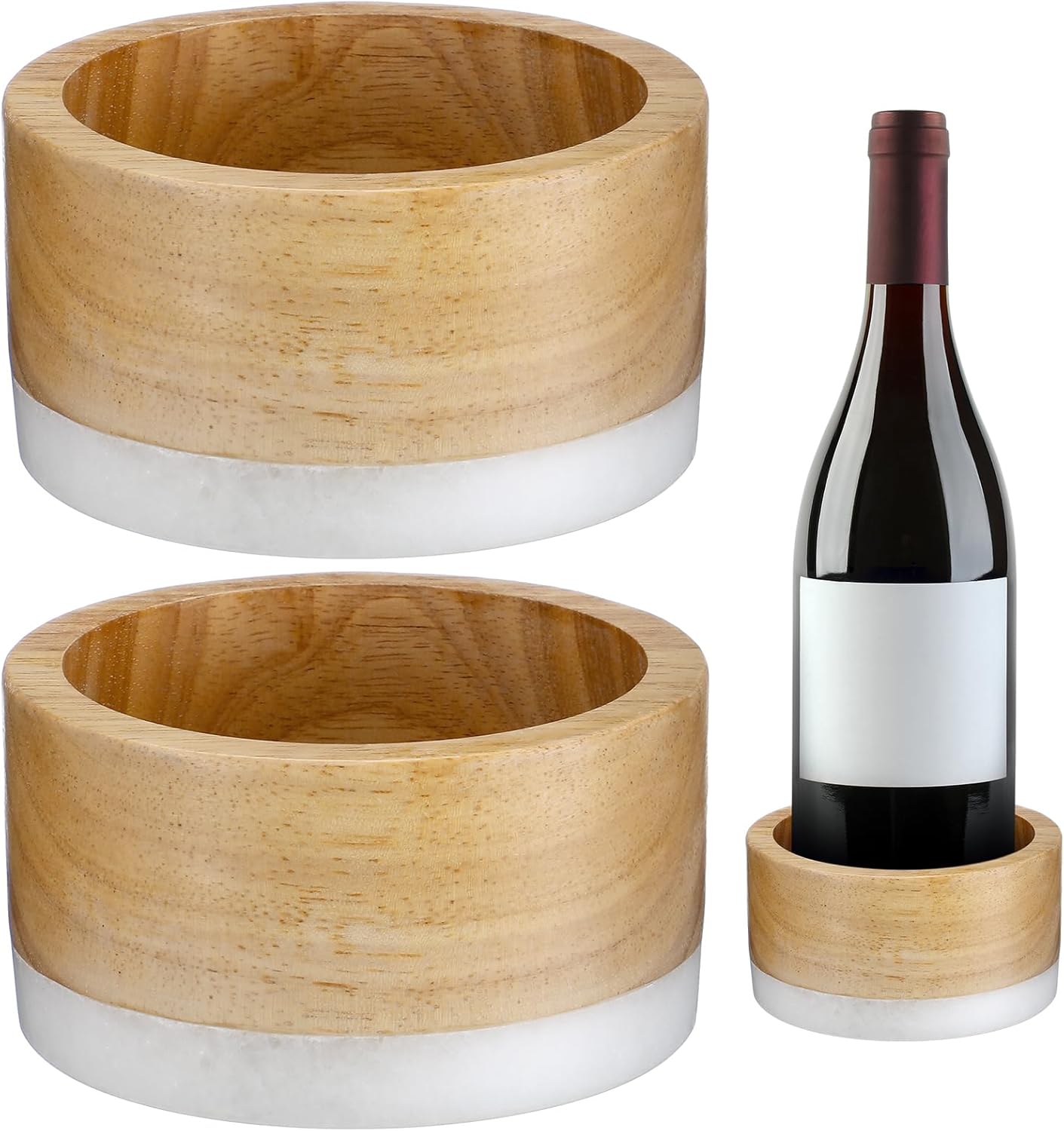 Baderke 2 Pcs Wood and Marble Wine Bottle Coaster Set, Wine Holder for Champagne Bottles and Any Occasion(White Base)