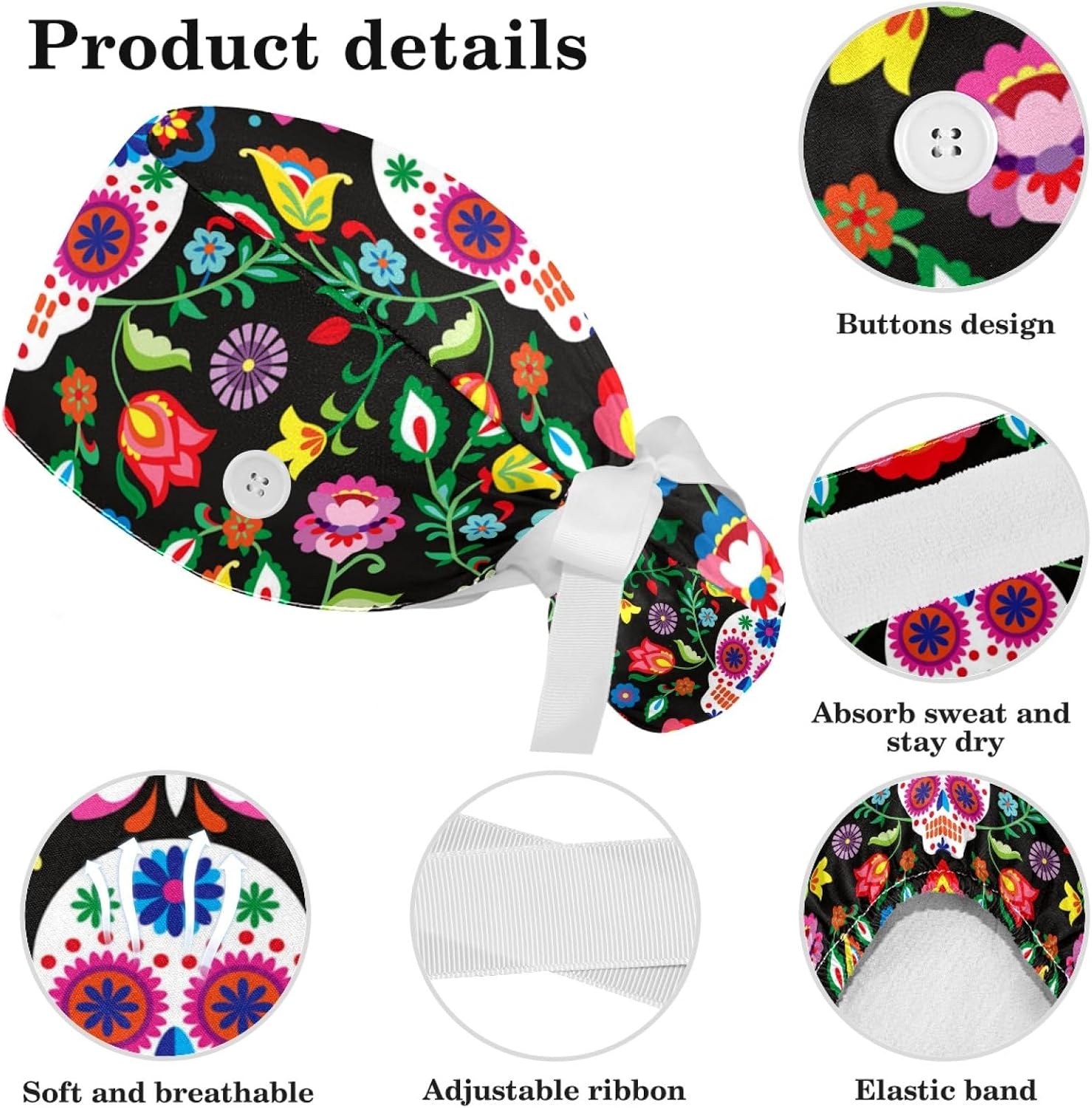 Sugar Skull Dia de Muertos Adjustable Women Working Cap with Bow Hair Scrunchy, Bouffant Hat with Buttons