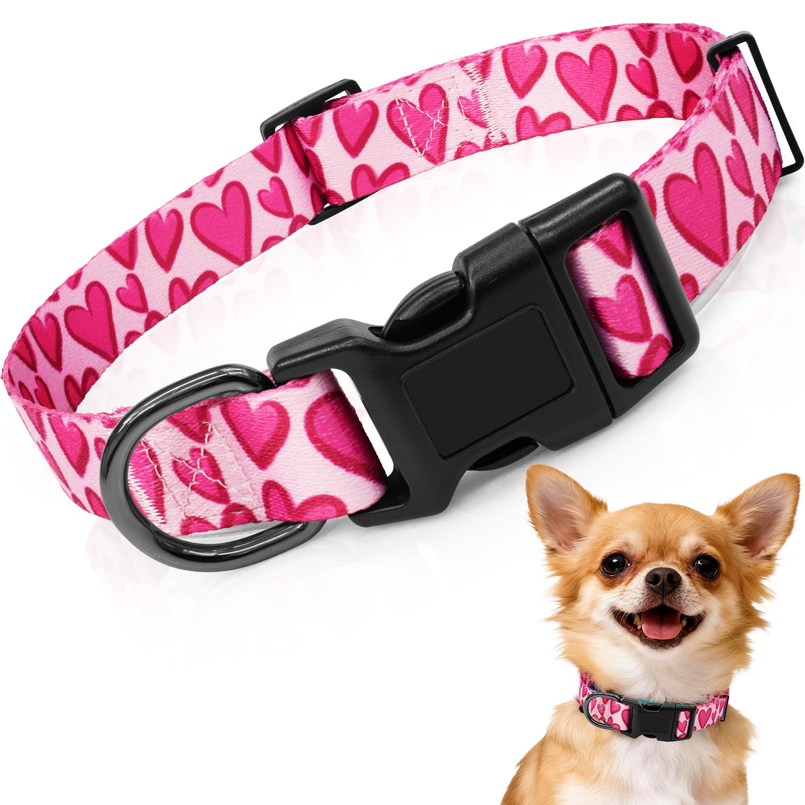 Kazazoo Dog Collar Cute and Soft Nylon Puppy Collar Girl Dogs, Adjustable Dog Collars for Extra Small Dogs, Hot Pink Heart-XS