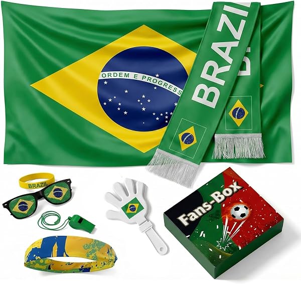 Soccer Fan Gear Set 2026-7 Piece Game Day Kit with Flag, Scarf, Glasses, Whistle, Clapper, Wristband & Headband in Gift Box - Watch Party & Stadium Essentials for Brazil - 1