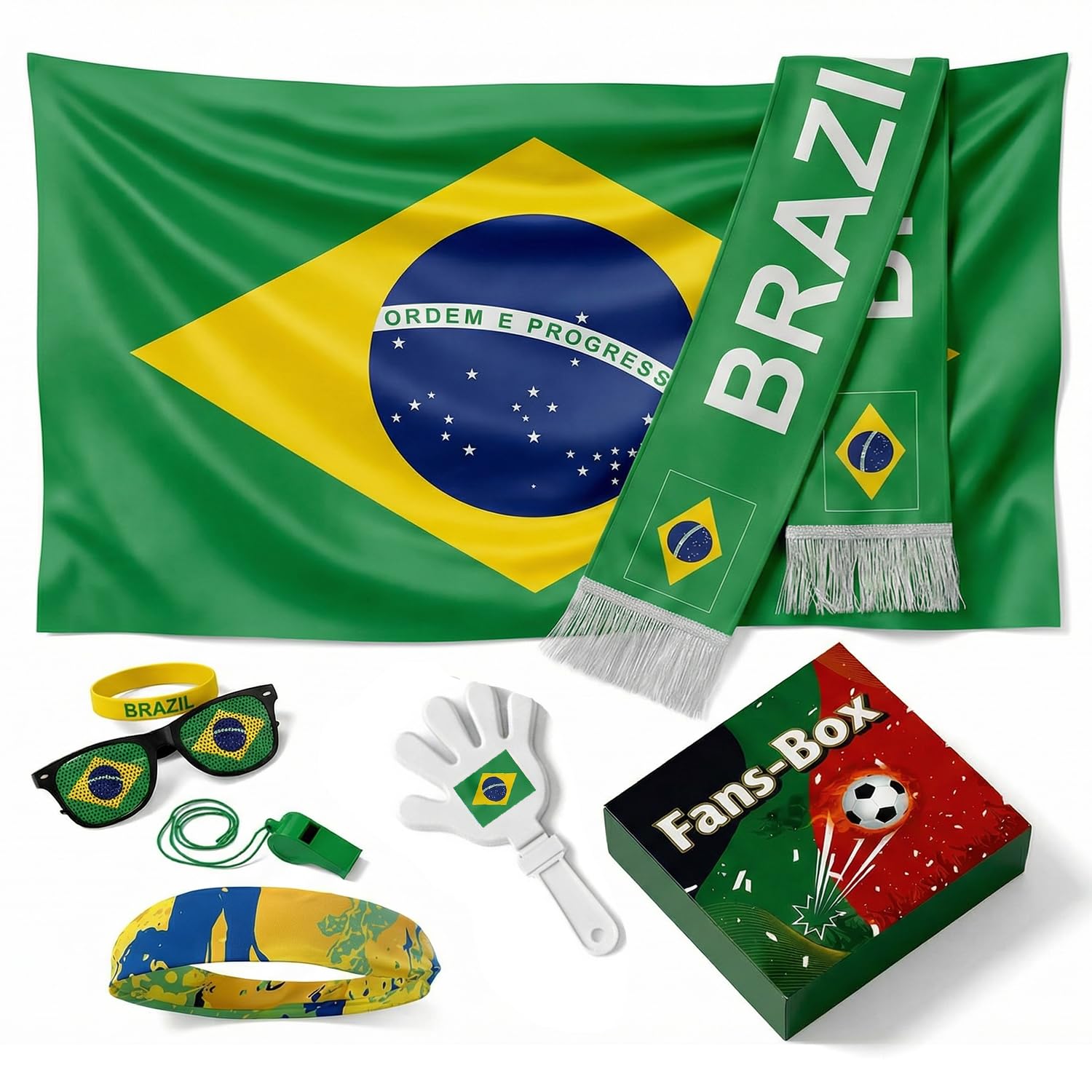 Soccer Fan Gear Set 2026-7 Piece Game Day Kit with Flag, Scarf, Glasses, Whistle, Clapper, Wristband & Headband in Gift Box - Watch Party & Stadium Essentials for Brazil - 1