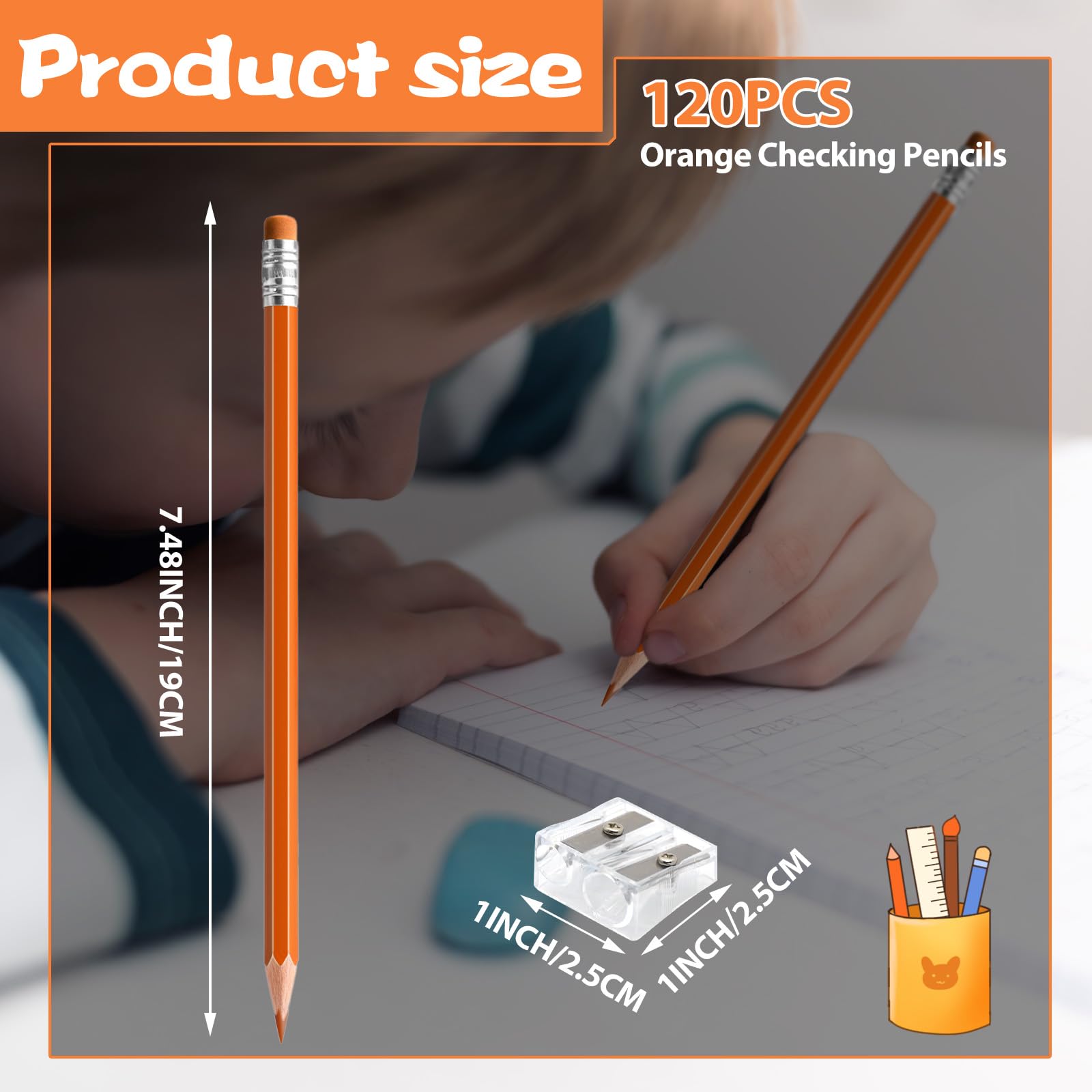 120 matite colorate cancellabili con gomma pre-temperate, 2 HB per controllo, classificazione, test e forniture per ufficio/scuola (arancione)