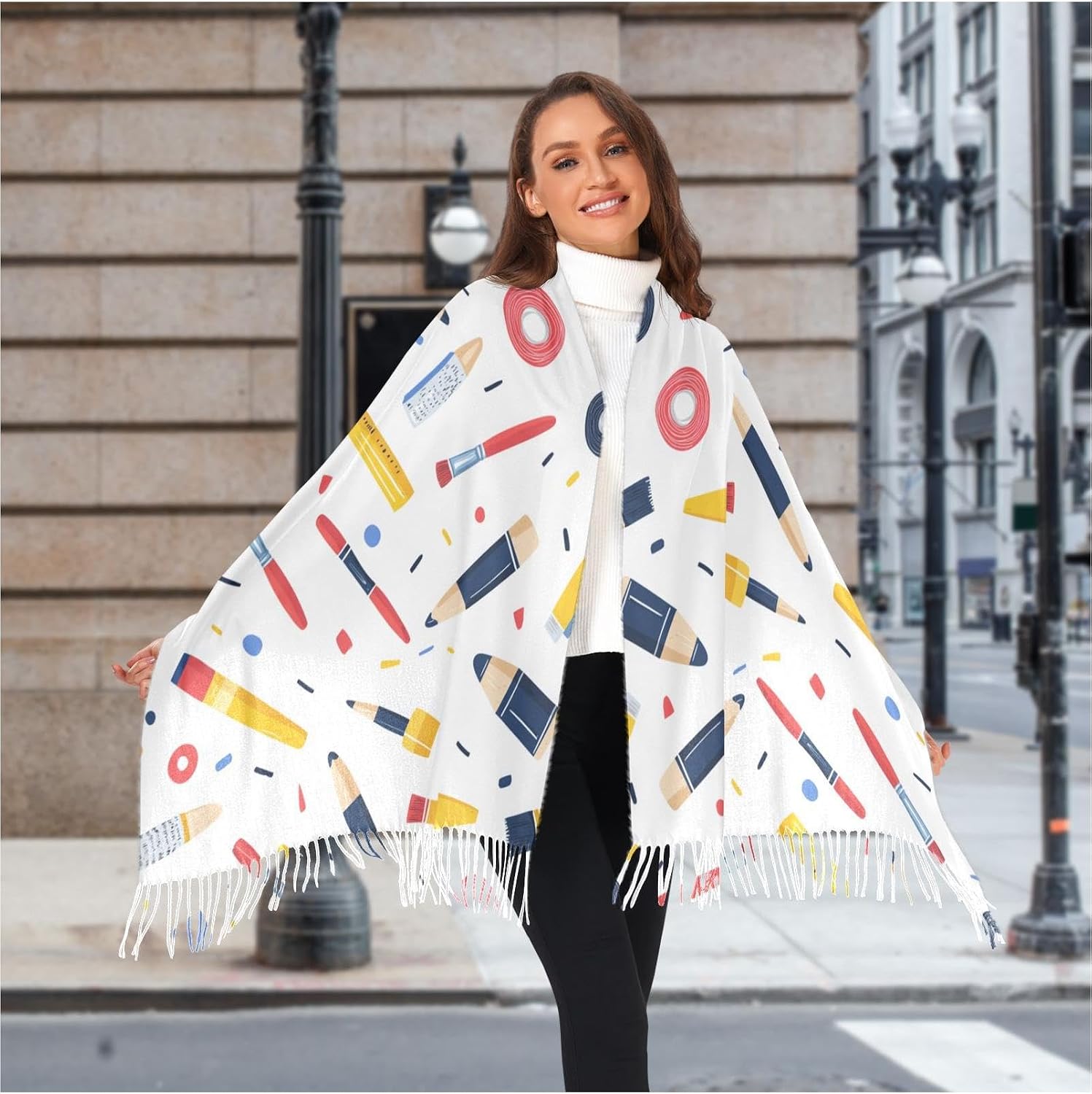 Winter Scarf for Women Cartoon Pencil Pattern Fashion Tassel Shawl Wraps for Women, Cold Weather Warm Womens Scarves Soft Long Scarf Gifts
