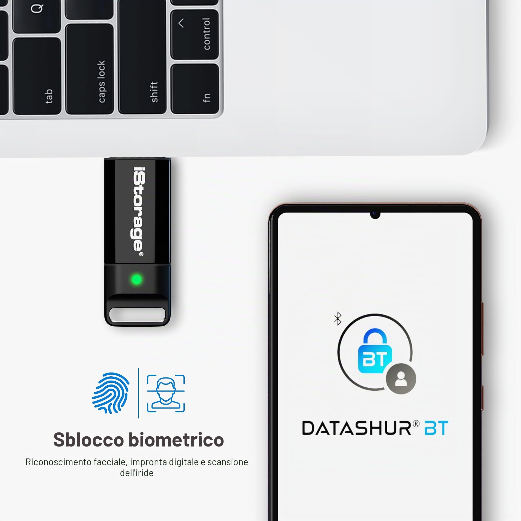 iStorage datAshur BT 64GB - Unità flash USB sicura crittografata - Sblocco smartphone tramite Bluetooth - Certificazione FIPS 140-2 Livello 3 - Pronta per la gestione remota