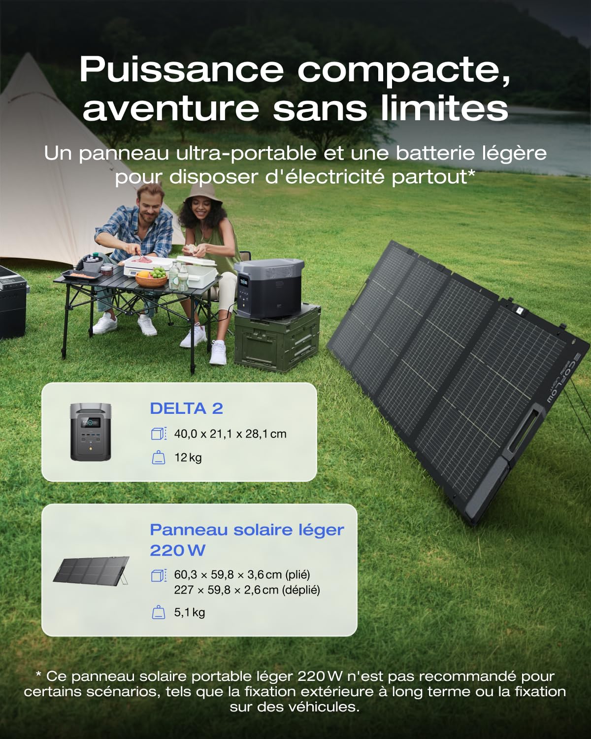 Pack Générateur Solaire EcoFlow DELTA 2 et panneau solaire 220 W, capacité de 1-3 kWh, batterie LFP, charge rapide, station électrique portable pour secours domestique, balcon, camping et camping-cars