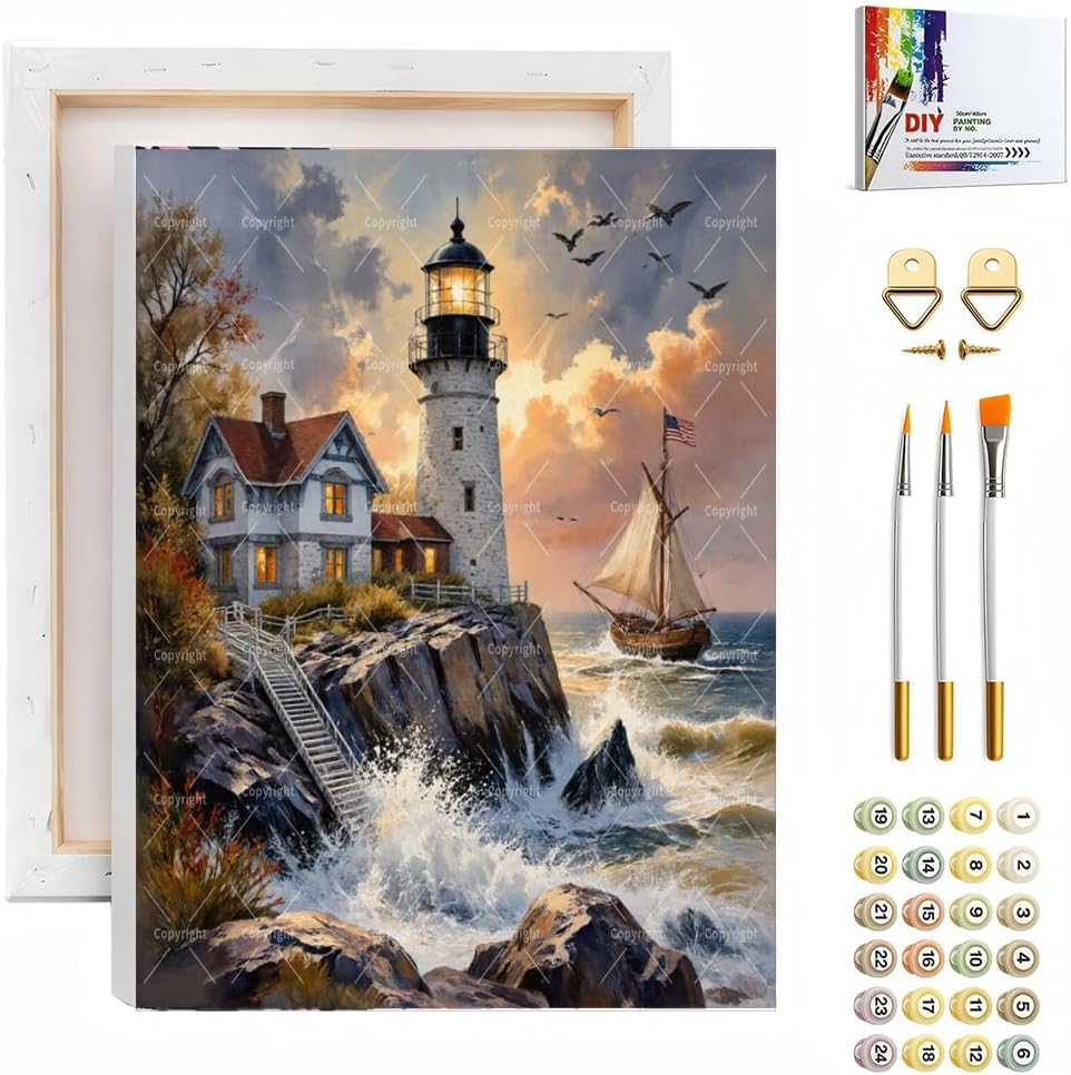 Sceorixa Seascape Paint By Numbers Kit for Adults - DIY Lighthouse Cottage and Sailing Ship At Dusk Painting On Canvas, Acrylic Paint Set, Suitable for Beginners, Coastal Wall Decor(16X20IN Framed)
