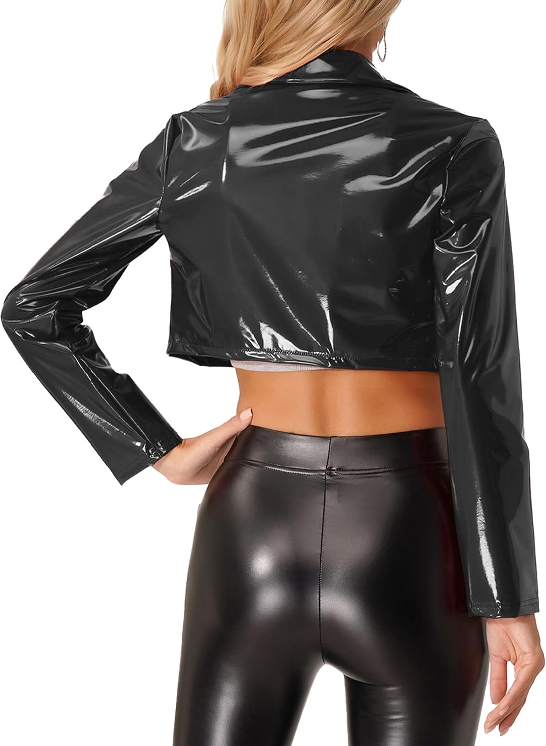 Agoky Women's Cropped Leather Jacket Shiny Open Front Long Sleeve Biker Motorcycle Jackets Coat
