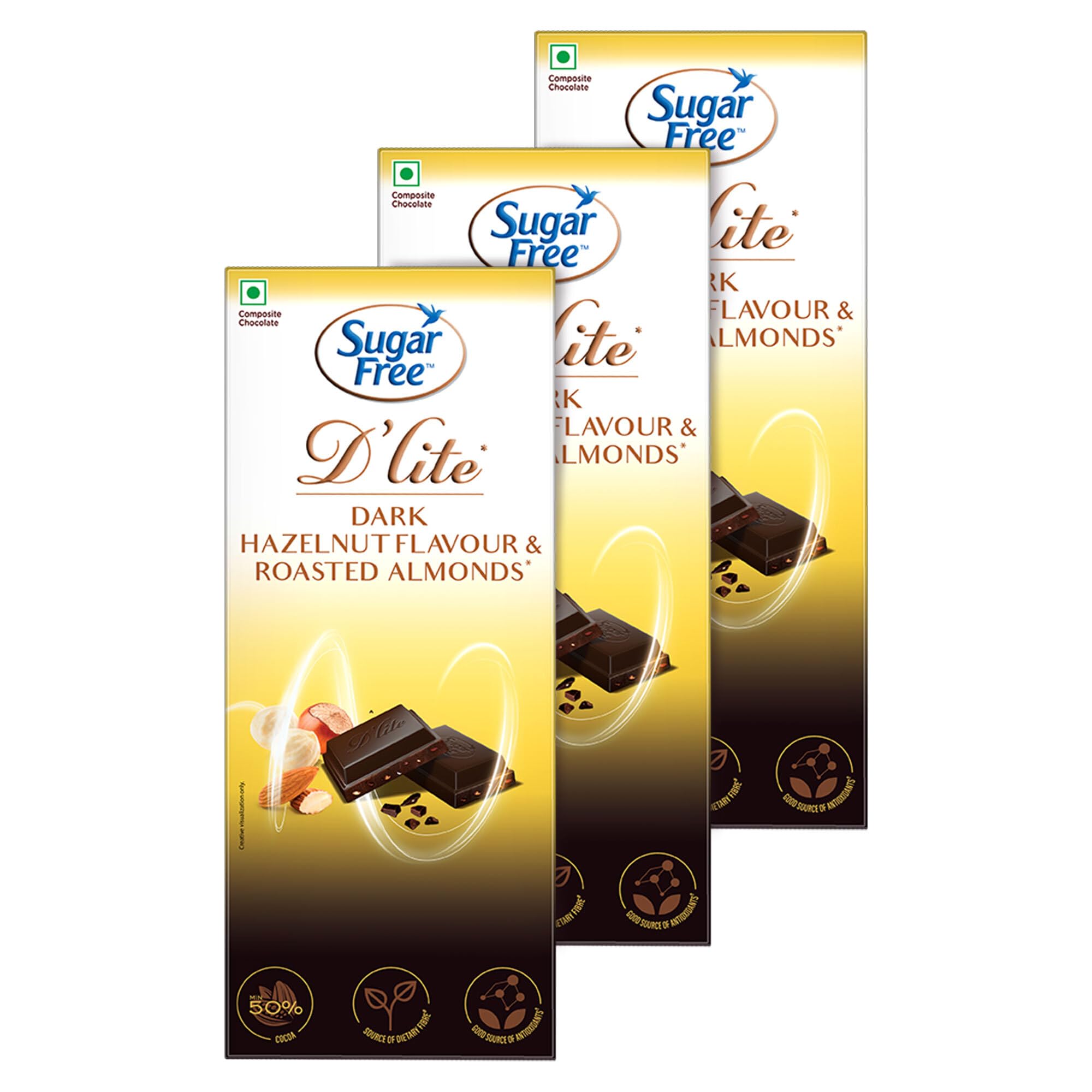 Sugar Free D'lite Hazelnut & Almonds Dark Chocolate Bar, 80 grams (Pack of 3)