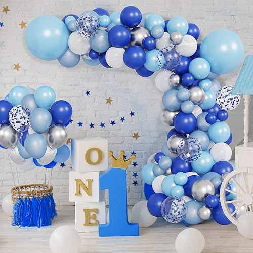 Miniatura 5 de RUBFAC Kit de arco de guirnalda de globos azules, globos azules y blancos, arco de globos plateados azul real azul bebé blanco para baby shower,