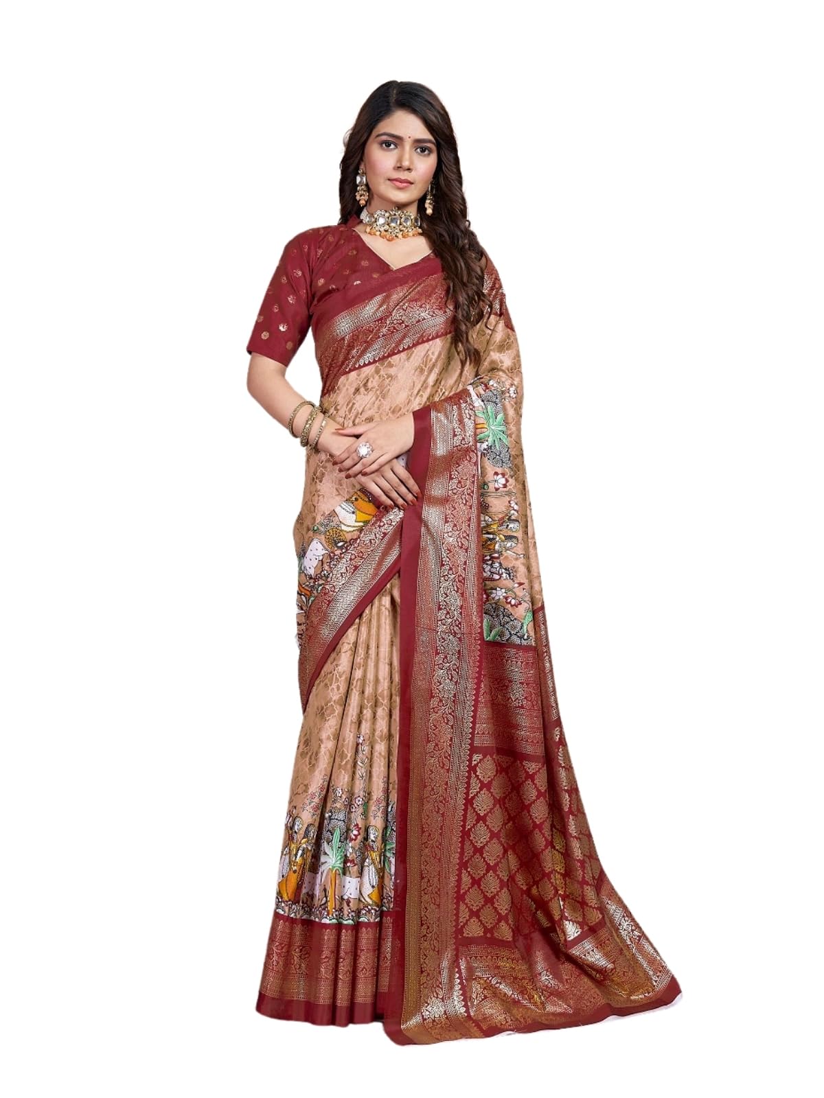 Greciilooks Women's Kanjivaram Art Cotton Silk Saree Soft Banarasi Style Sari With Blouse Piece For Wedding, Brown