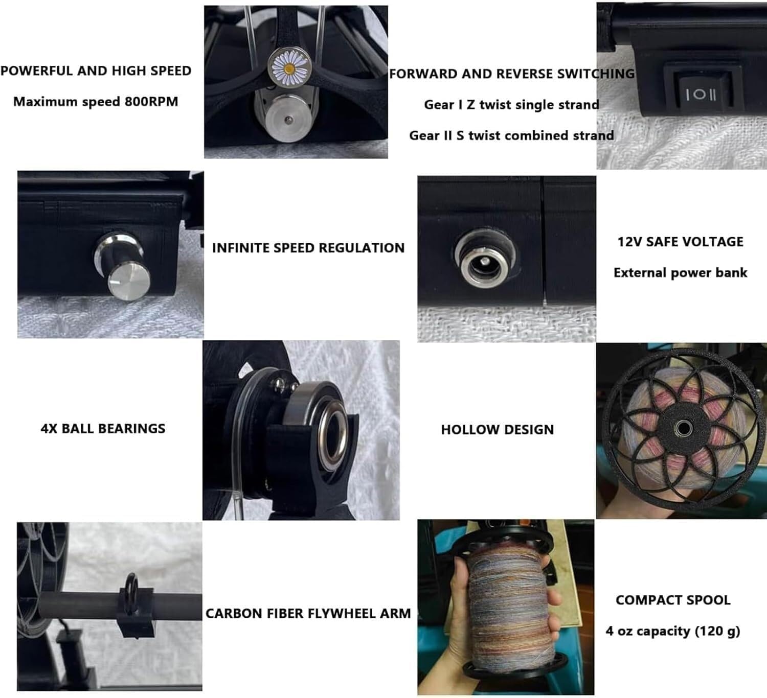Electric Spinning Wheel Yarn Spinner, 4Oz(120 G) Knitting Wool Yarn Winder Machine with 3 Spools, 800rpm Max Speed, Can Forward and Reverse Switching, for Yarn Weaving Blending Roving