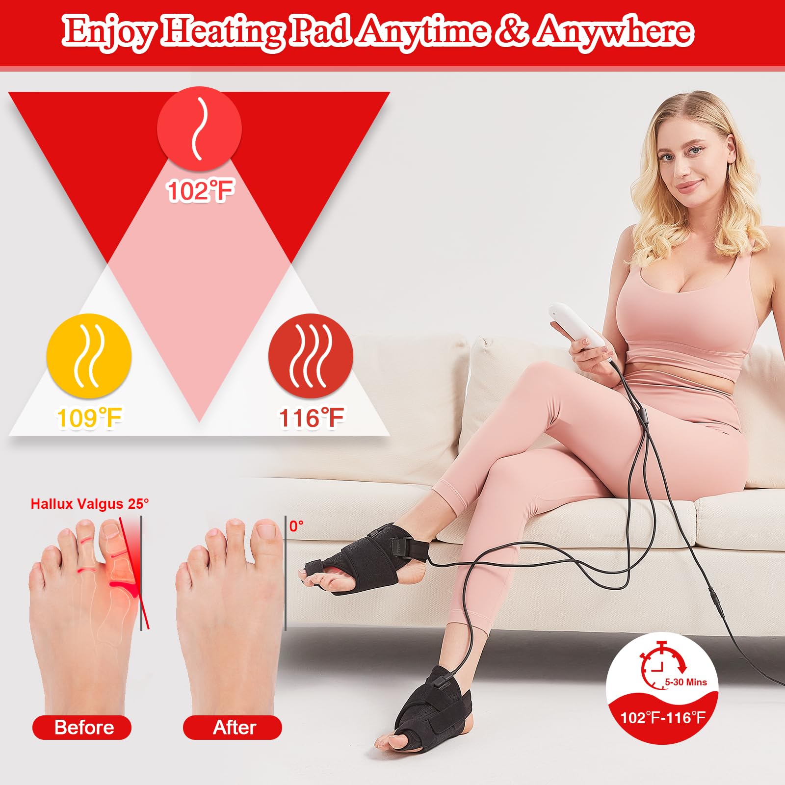 AOBOCO R.ed L.Ight - Corrector de juanetes para mujer, férula alisadora de pies I.nfrared L.Ight, apagado automático, corrección ortopédica ajustable para hallux valgus, 2 unidades