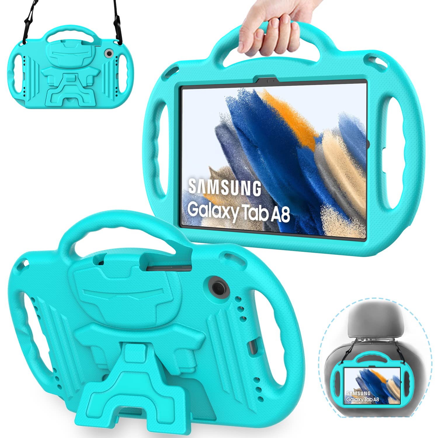 AVAWO Kids Case for Samsung Galaxy Tab A8 10.5 Case 2022 (SM-X200/X205/X207), with Strap, Light Weight Shock Proof Handle Stand Kids Case for Samsung Galaxy Tab A8 10.5 Inch 2022, Turquoise
