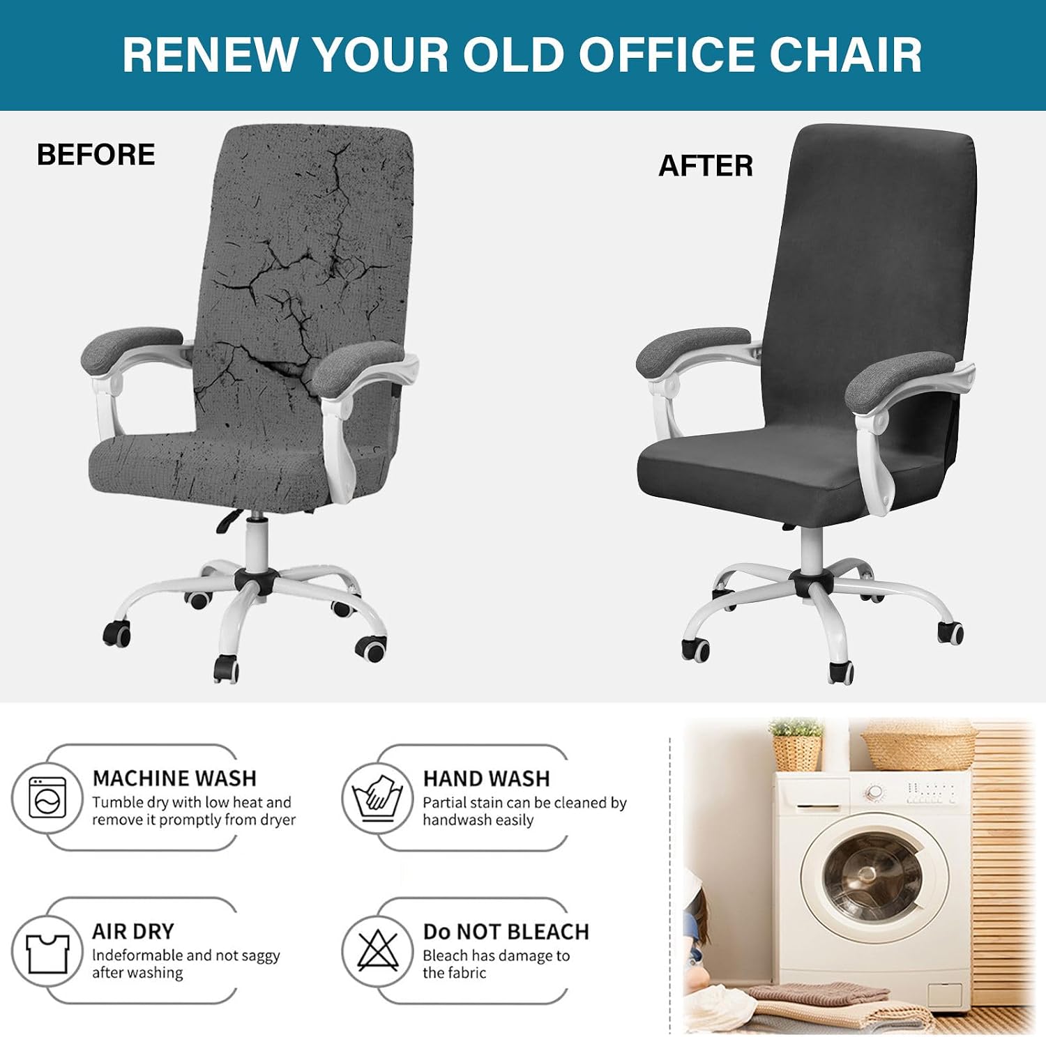 Teal Velvet Office Chair Cover, Washable High Back Slipcover, Stretch Zippered Design, Soft Large Protector for Rotating Chairs - Durable & Stylish (Black L)