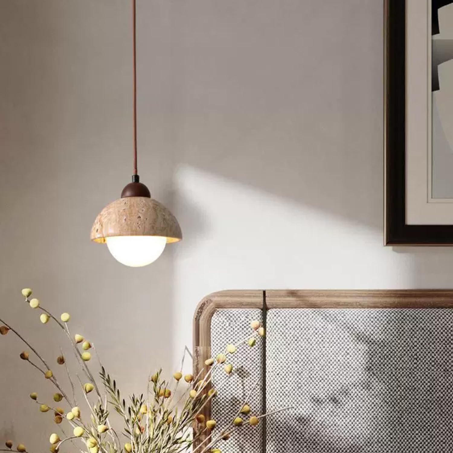 Lampada a sospensione in travertino giallo a da 5,9 pollici a semicircolare in pietra porosa in legno stile artistico scandinavo for sopra il lavello Camera letto Ristorante Negozio
