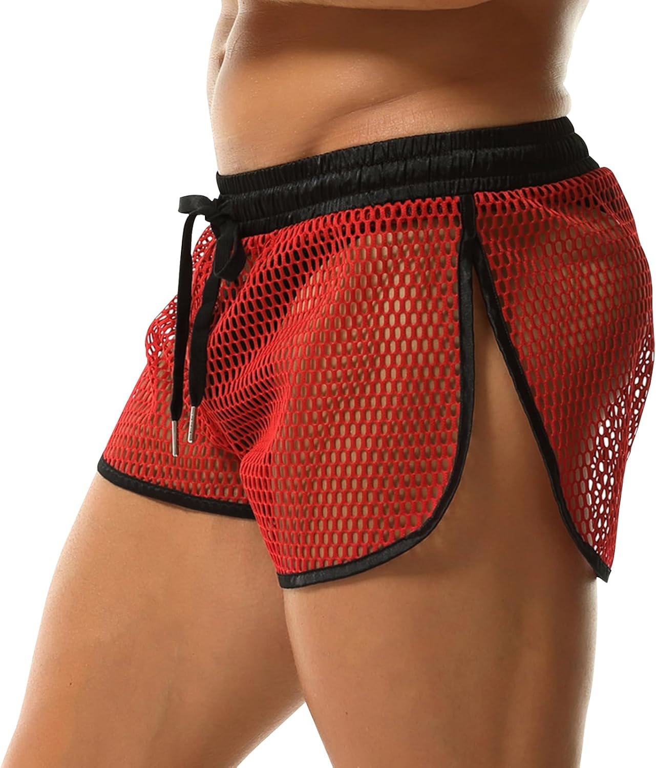 Mens Mesh Pajama Bottoms Sexy Boxer Shorts Hollow Out See Through Fishnet Boxers with Drawstring