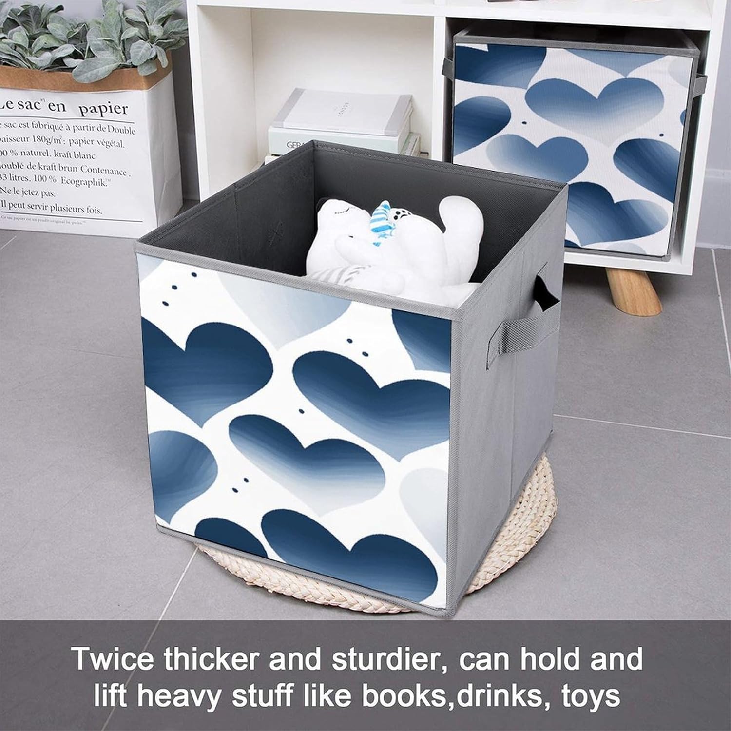 Multi Use Organizer Bins, Navy Heart Printed Storage Bins, Foldable Storage Baskets Are Suitable For Bedrooms, Offices, And Cars
