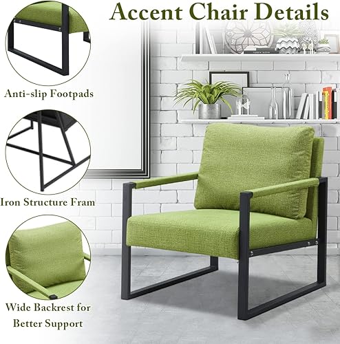 Miniatura 3 de SZLIZCCC Silla decorativa moderna de lino, sillón tapizado con respaldo acolchado extra grueso y cojín de asiento, patas de hierro negro, para sala