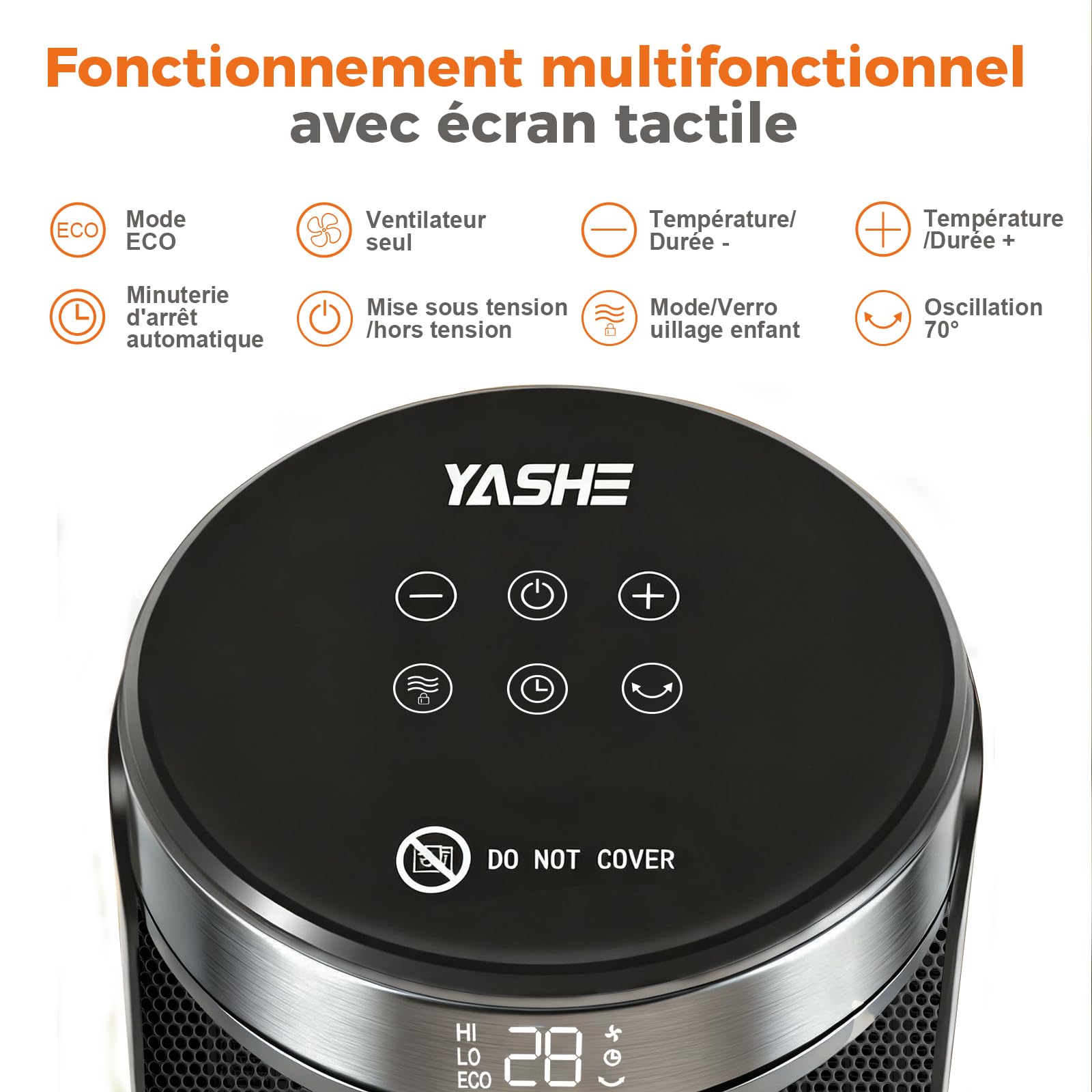YASHE Chauffage d'Appoint électrique, Céramique PTC 1500W Radiateur Soufflant, Télécommande, Protection Anti-Basculement et Anti Surchauffe, Mode ECO, Minuterie 1-24 h, Sécurité Enfant