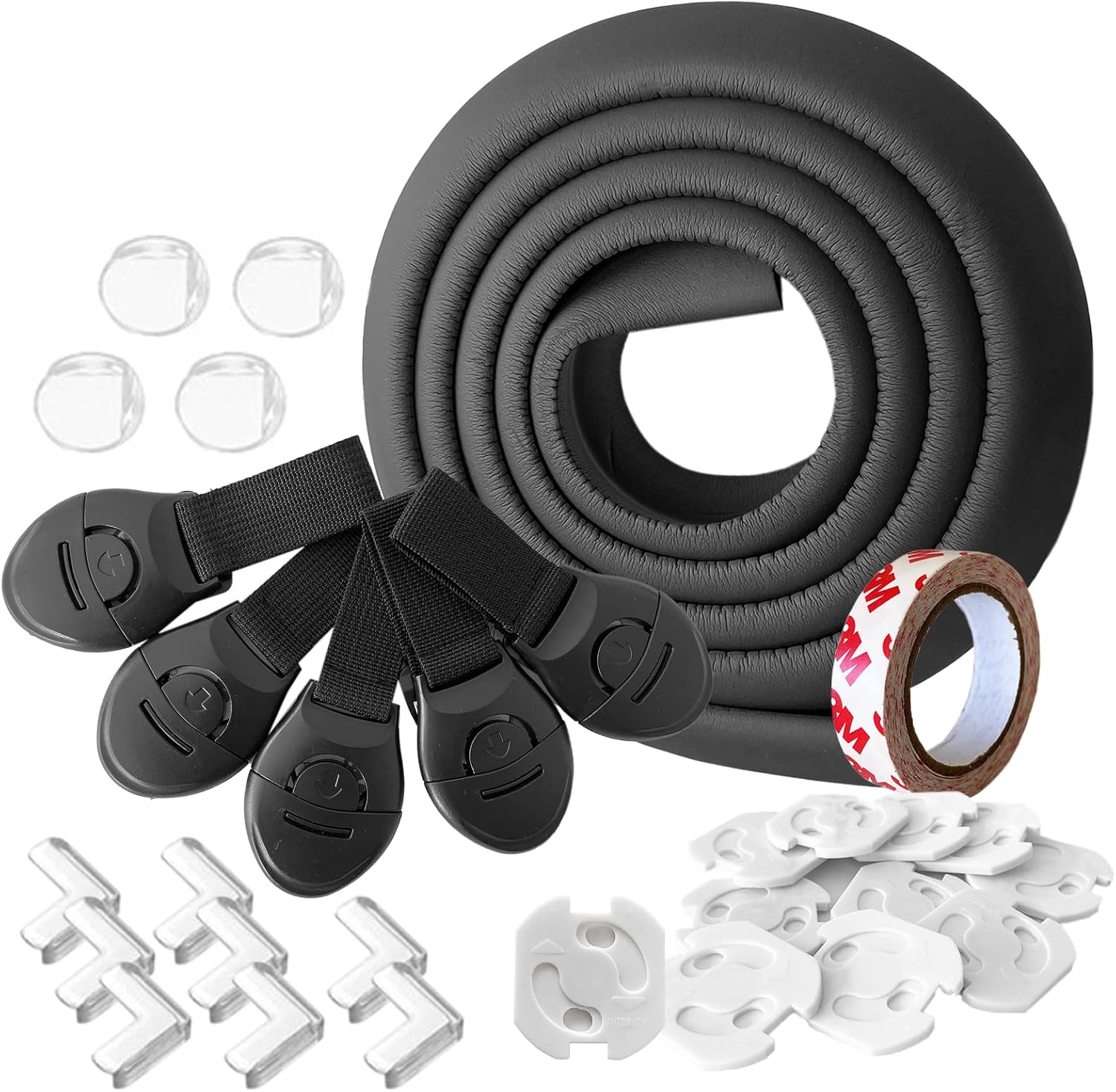 Protector Esquinas Bebe en casa. Kit Completo de Seguridad para Niños. Protector Enchufes para bebes:: Incluye 1 tira de gomaespuma, 12 cantos protectores, 5 cerraduras y 10 cubre enchufes.