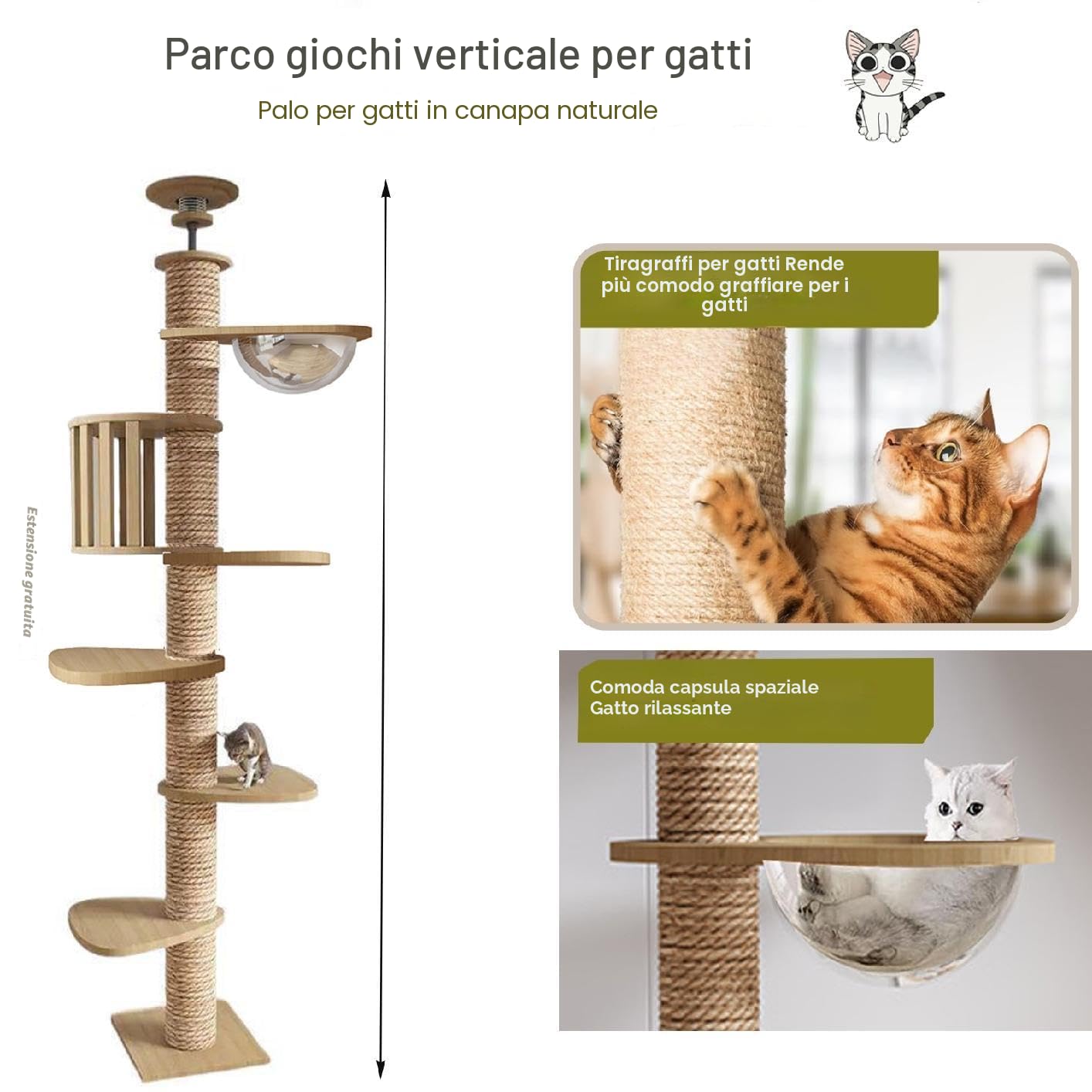 Tiragraffi a soffitto, Capsula per gatti, Completamente avvolta in corda di sisal, Altezza del soffitto,Tiragraffi offre ore di intrattenimento fisico e mentale