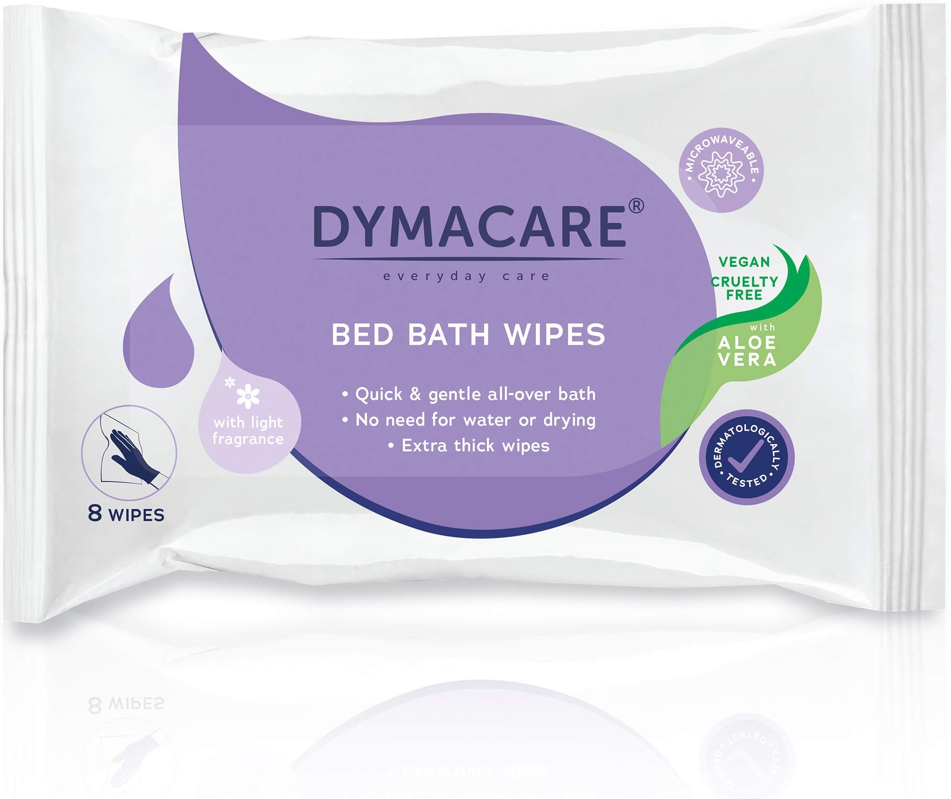DYMACARE Fragranced Bed Bath Wipes | Premium Skin Cleansing Bath and Shower Wipes for Adults and Elderly | No Water Microwaveable Body Wet Wipes with Aloe Vera | 1 Pack (8 wipes in total))