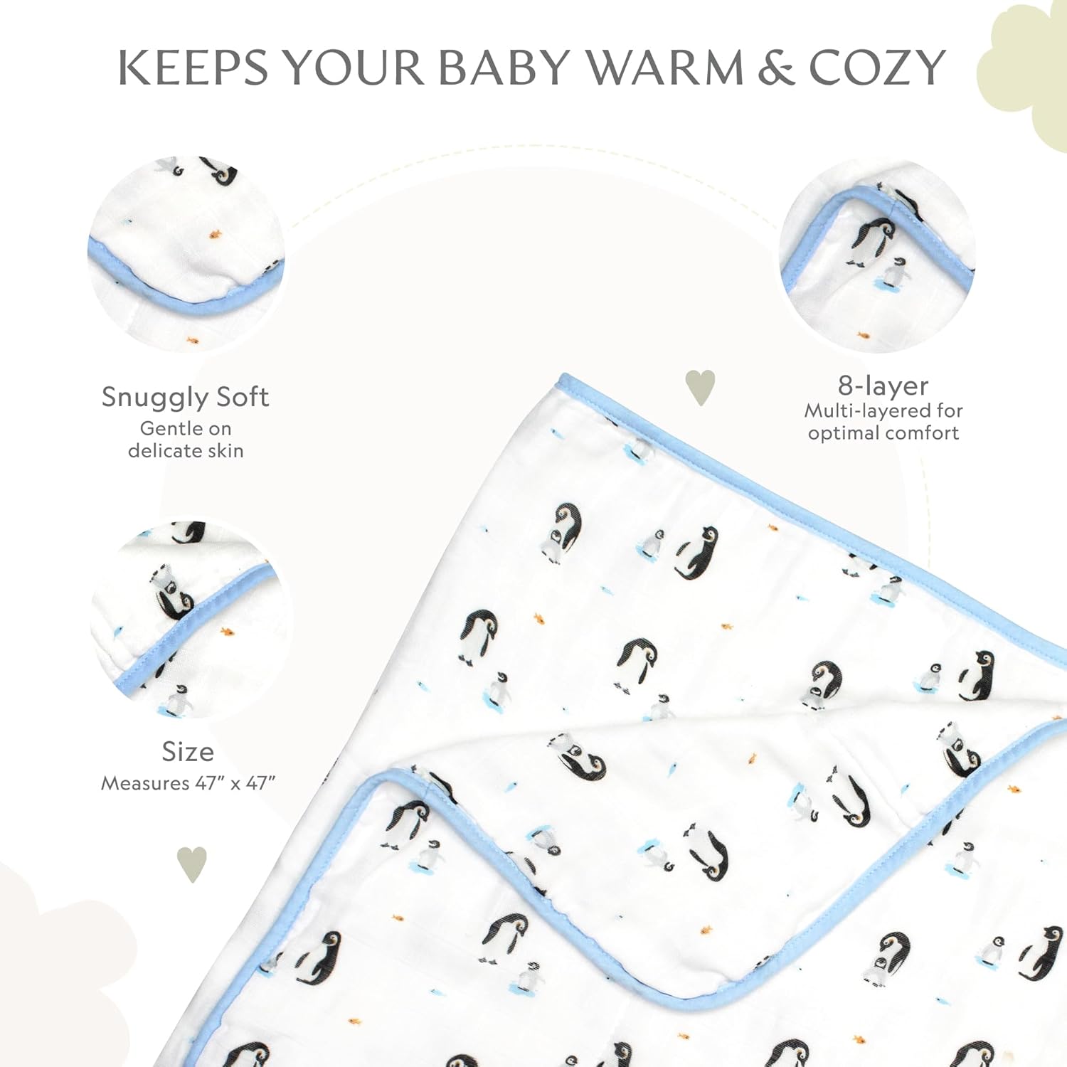 Bamboo Little Baby Blanket, Penguin, Baby, 47"x47", 8-Layers